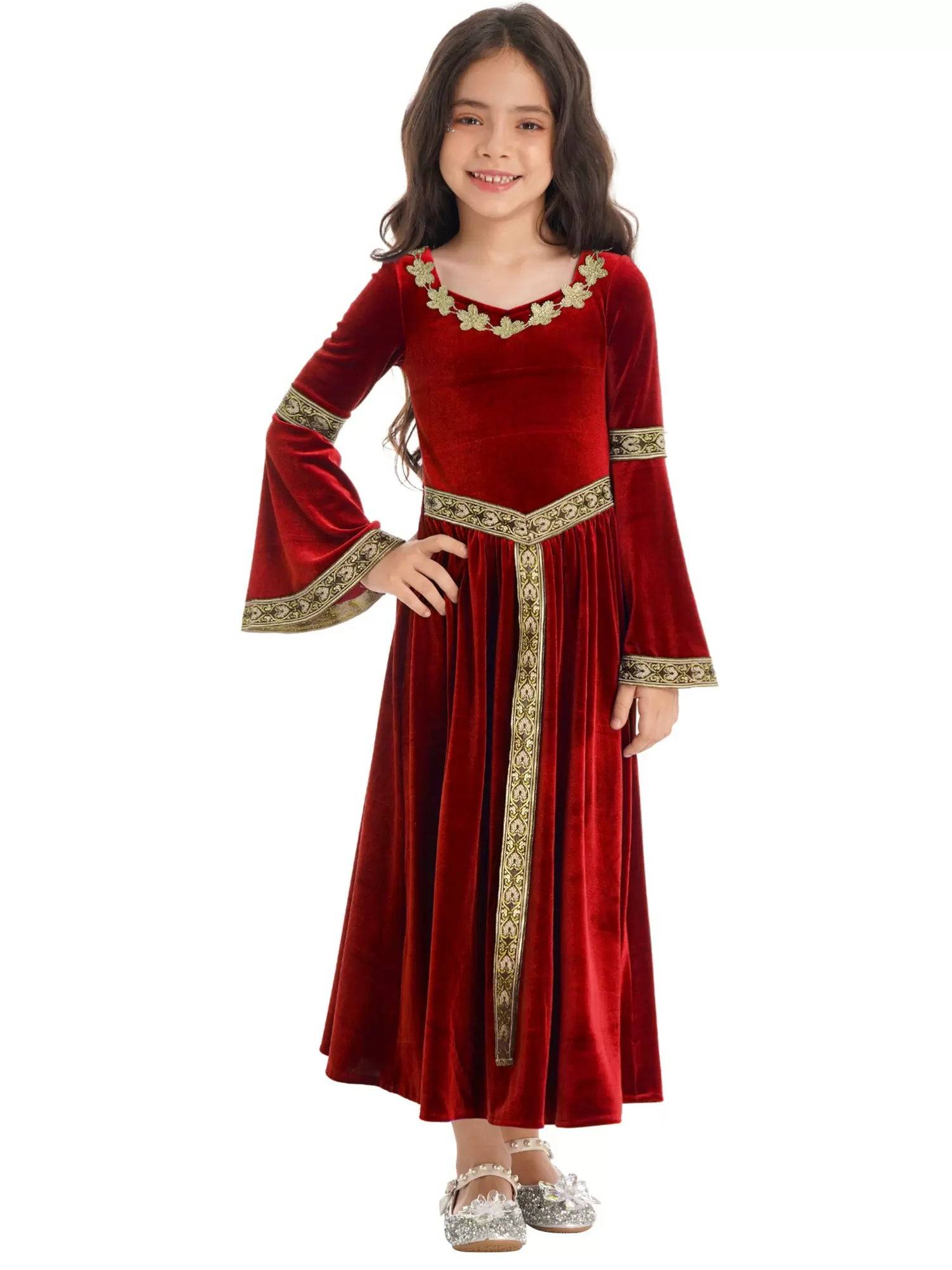 Kids Girls Retro Medieval Princess Velvet Dress Costumes