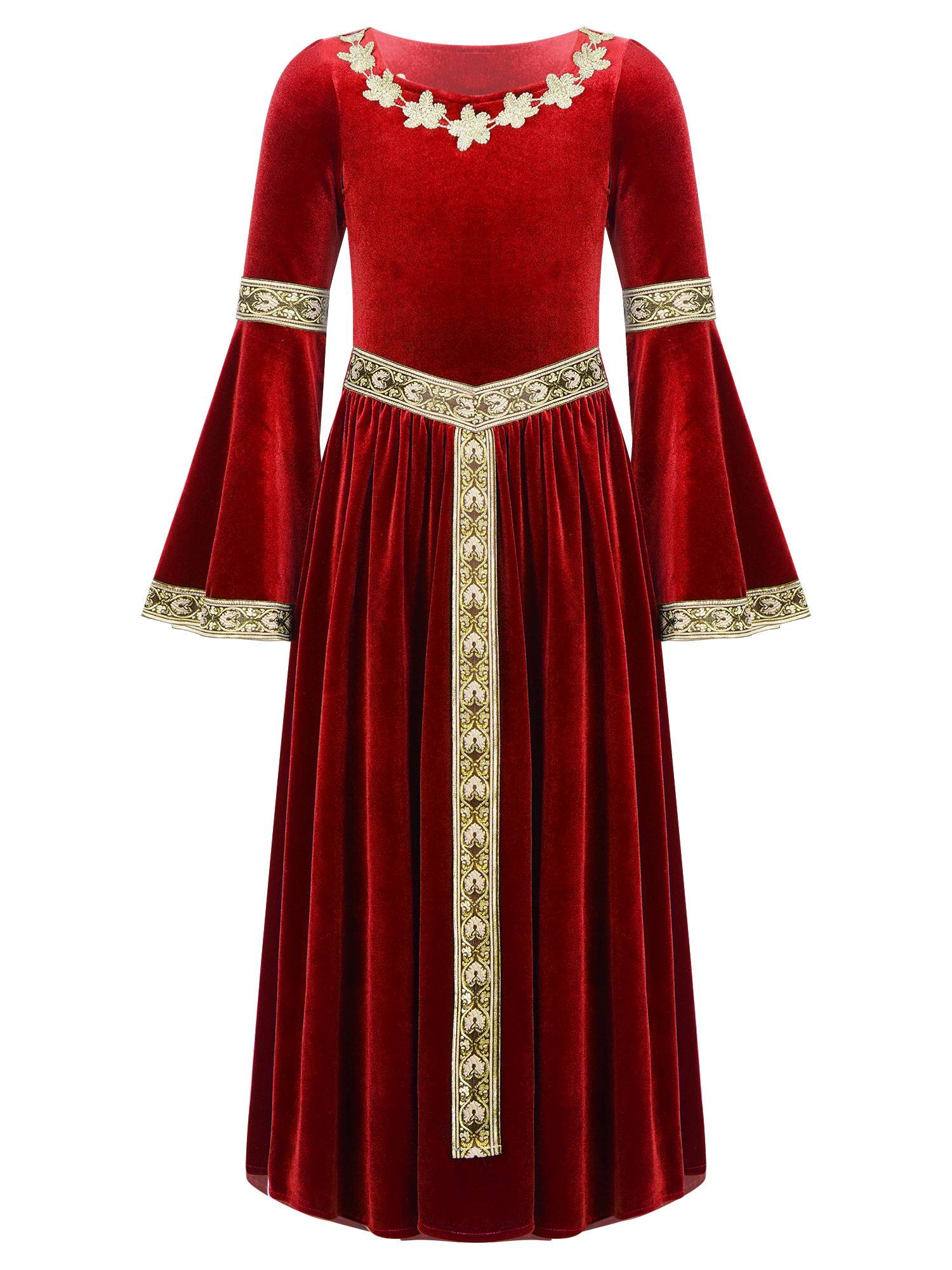 Kids Girls Retro Medieval Princess Velvet Dress Costumes