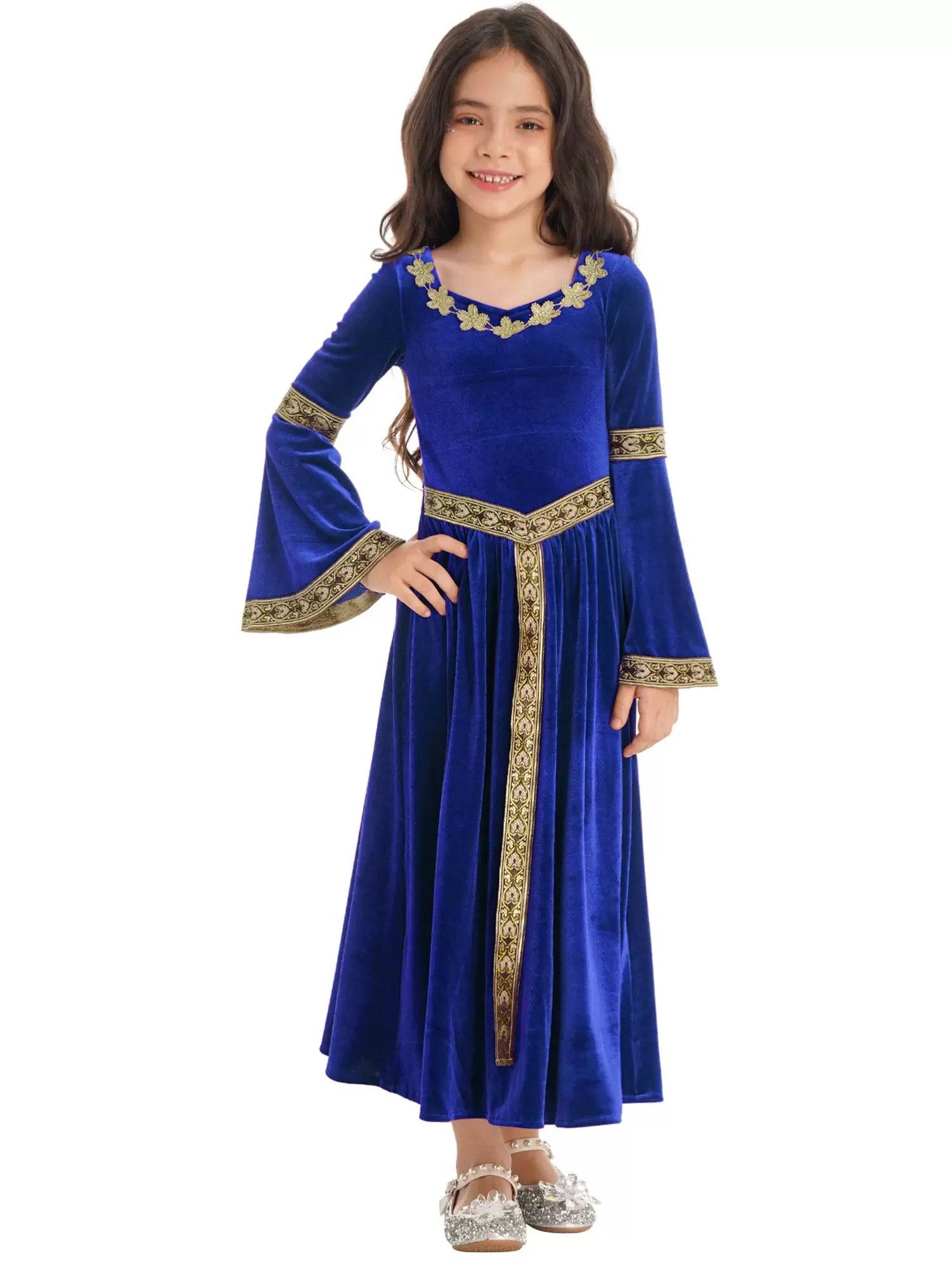 Kids Girls Retro Medieval Princess Velvet Dress Costumes