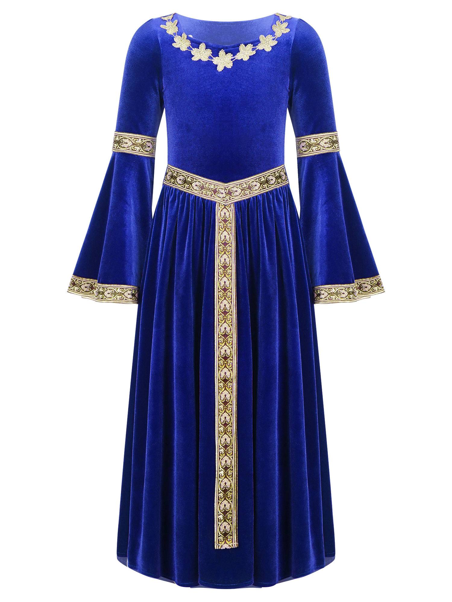 Kids Girls Retro Medieval Princess Velvet Dress Costumes