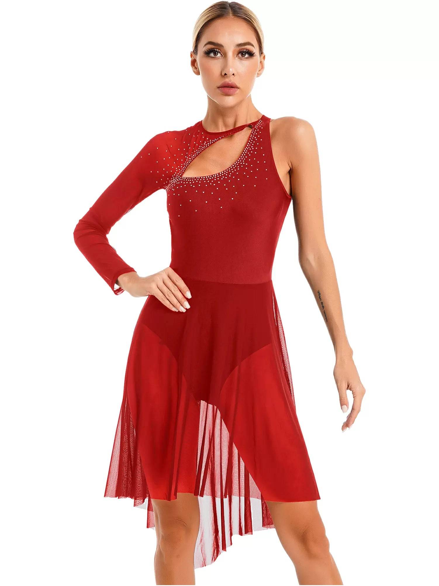 Women Glitter Rhinestone Cutout Leotard Lyrical Contemporary Dance Dress