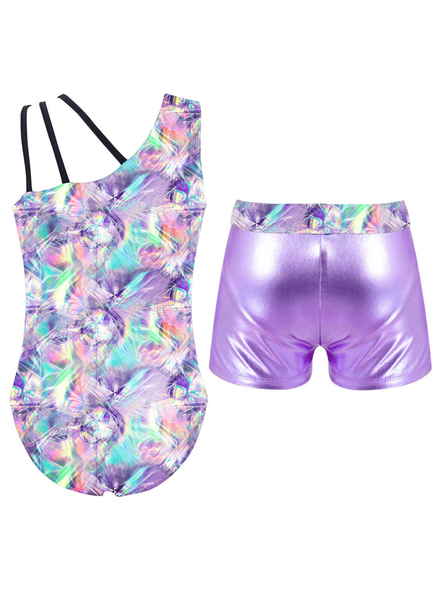 Kids Girls Asymmetric Shoulder Leotard with Shorts Gymnastic Set