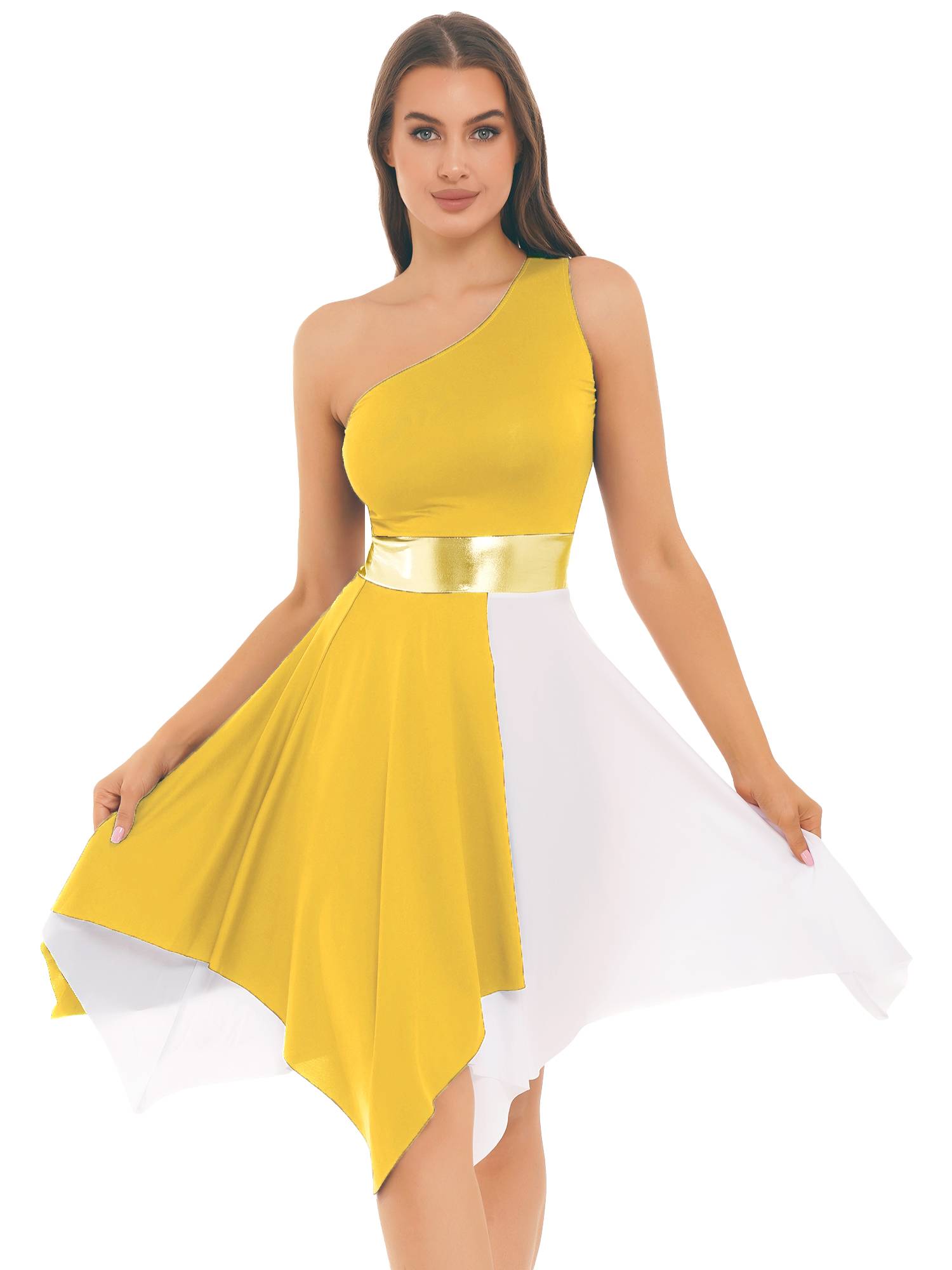 Women One Shoulder Color Block Praise Dance Dress(not include white underdress)