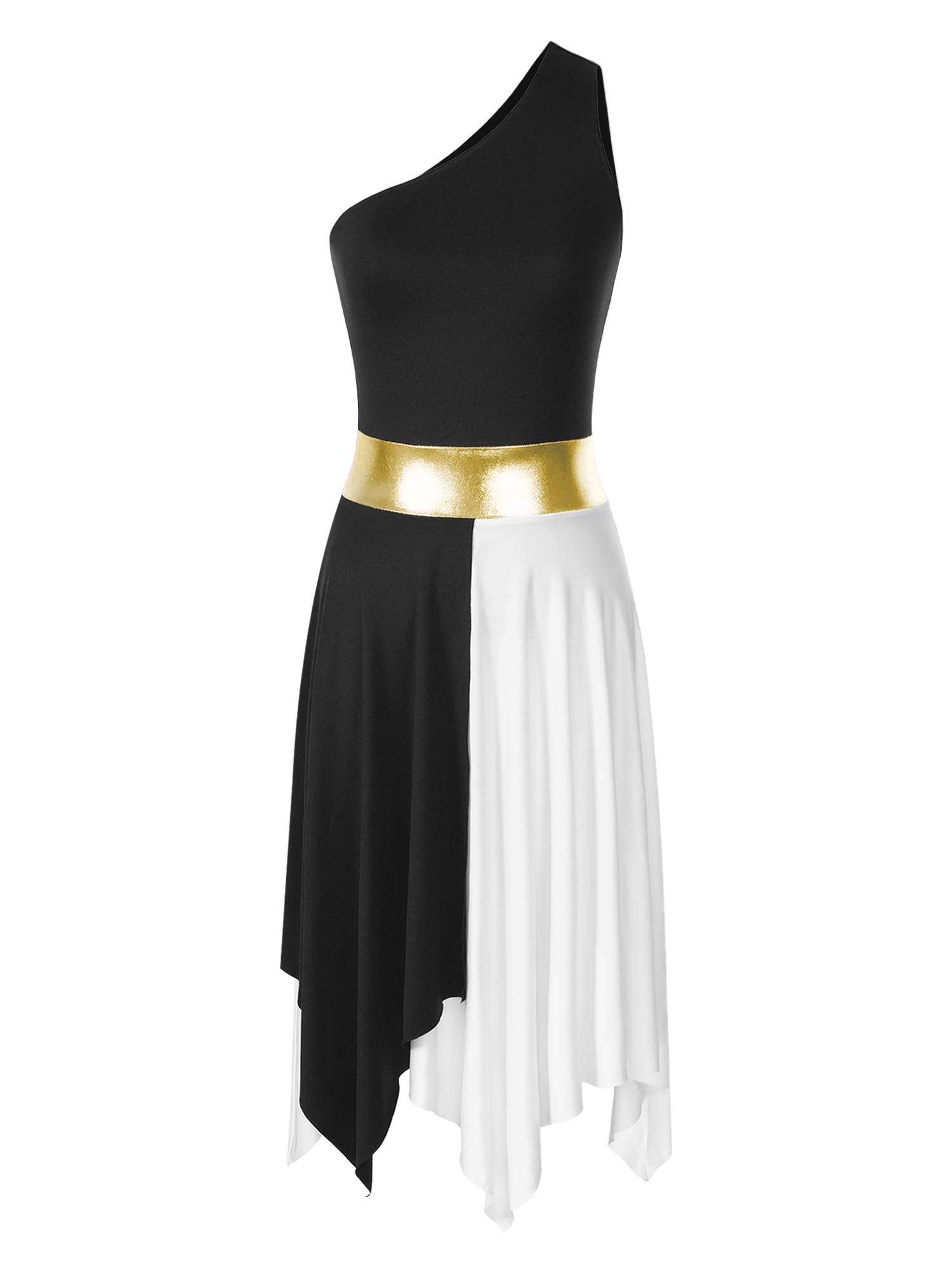Women One Shoulder Color Block Praise Dance Dress(not include white underdress)