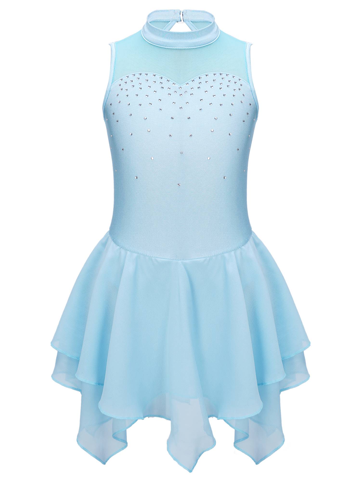 Kids Girls Sleeveless Round Collar Ruffle Skating Dance Dress
