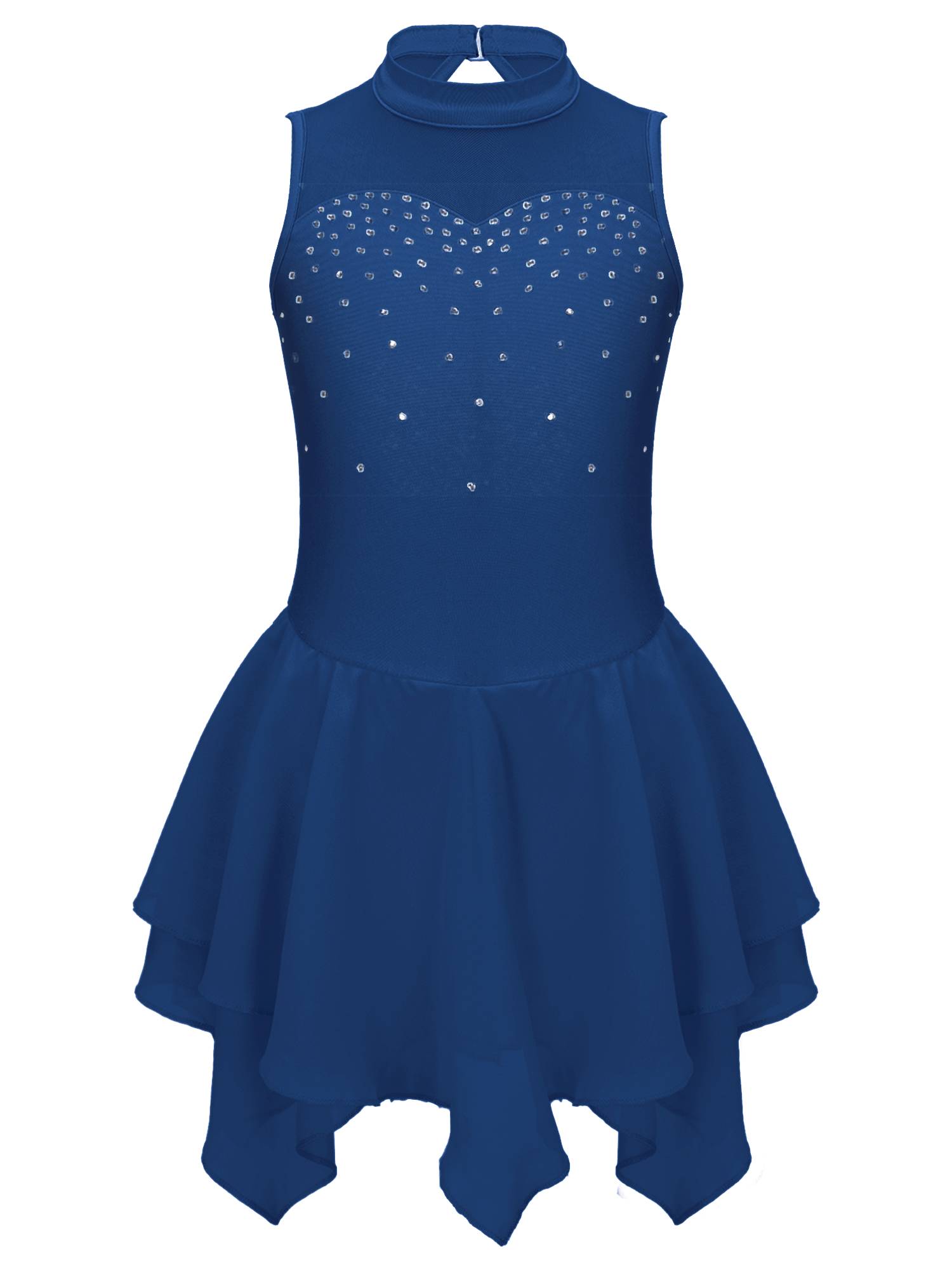 Kids Girls Sleeveless Round Collar Ruffle Skating Dance Dress