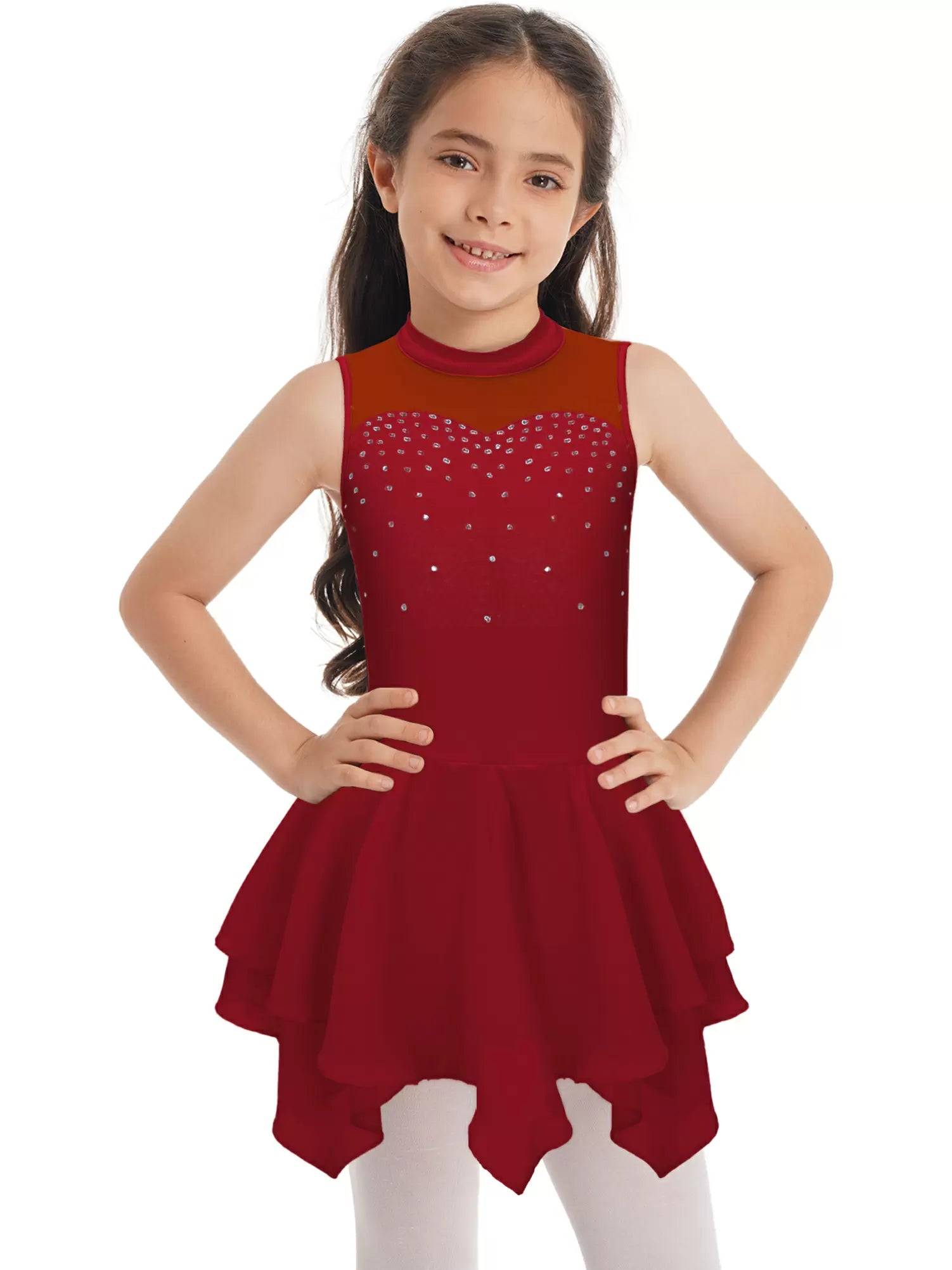 Kids Girls Sleeveless Round Collar Ruffle Skating Dance Dress