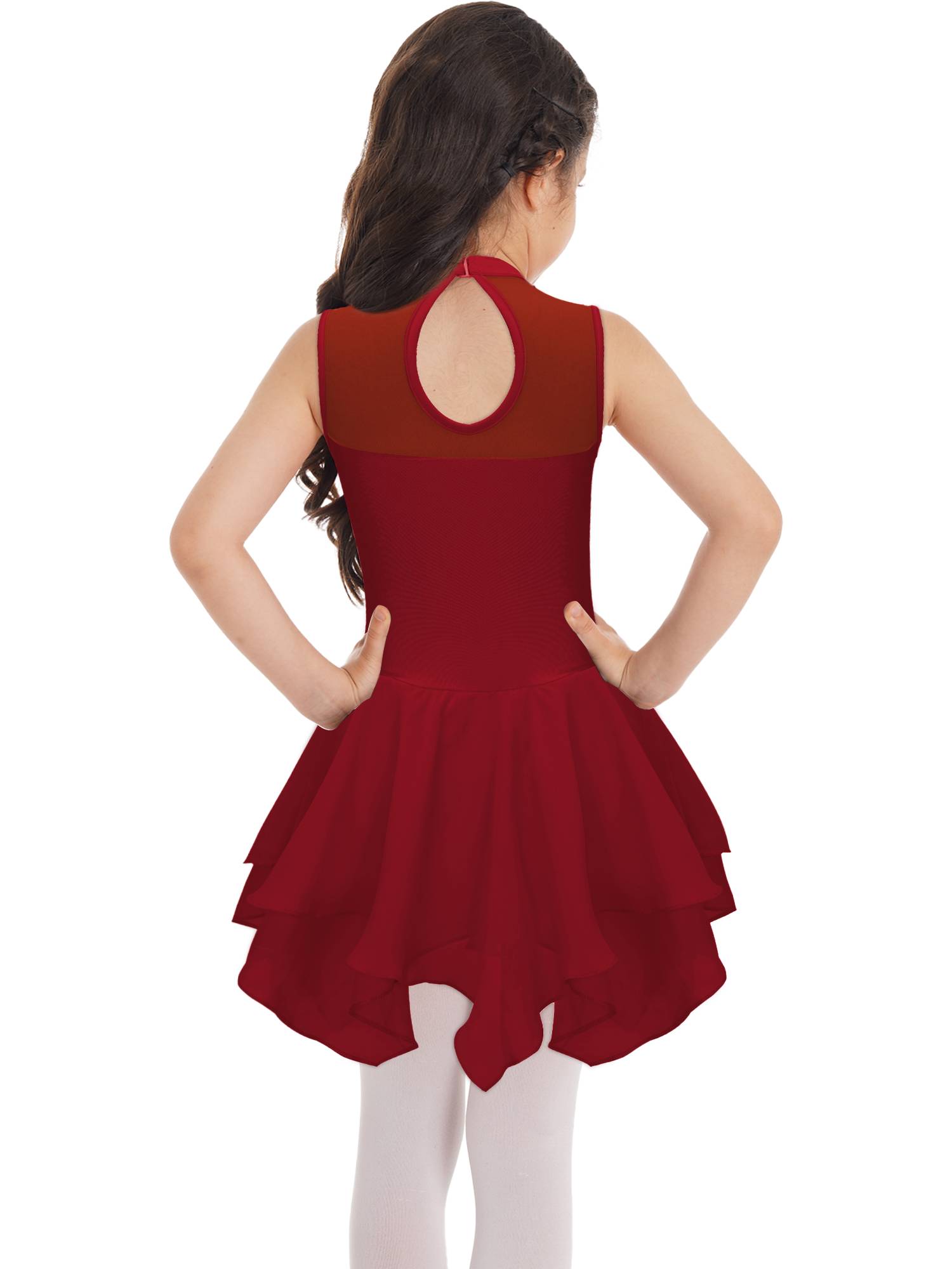 Kids Girls Sleeveless Round Collar Ruffle Skating Dance Dress