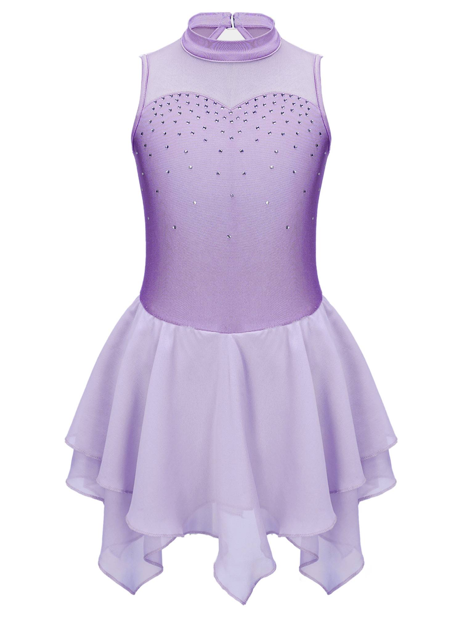 Kids Girls Sleeveless Round Collar Ruffle Skating Dance Dress