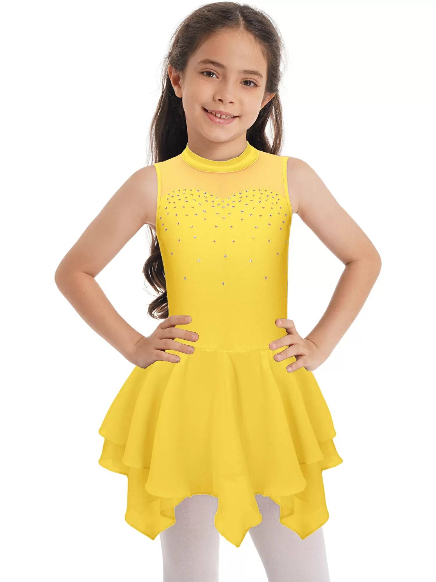 Kids Girls Sleeveless Round Collar Ruffle Skating Dance Dress