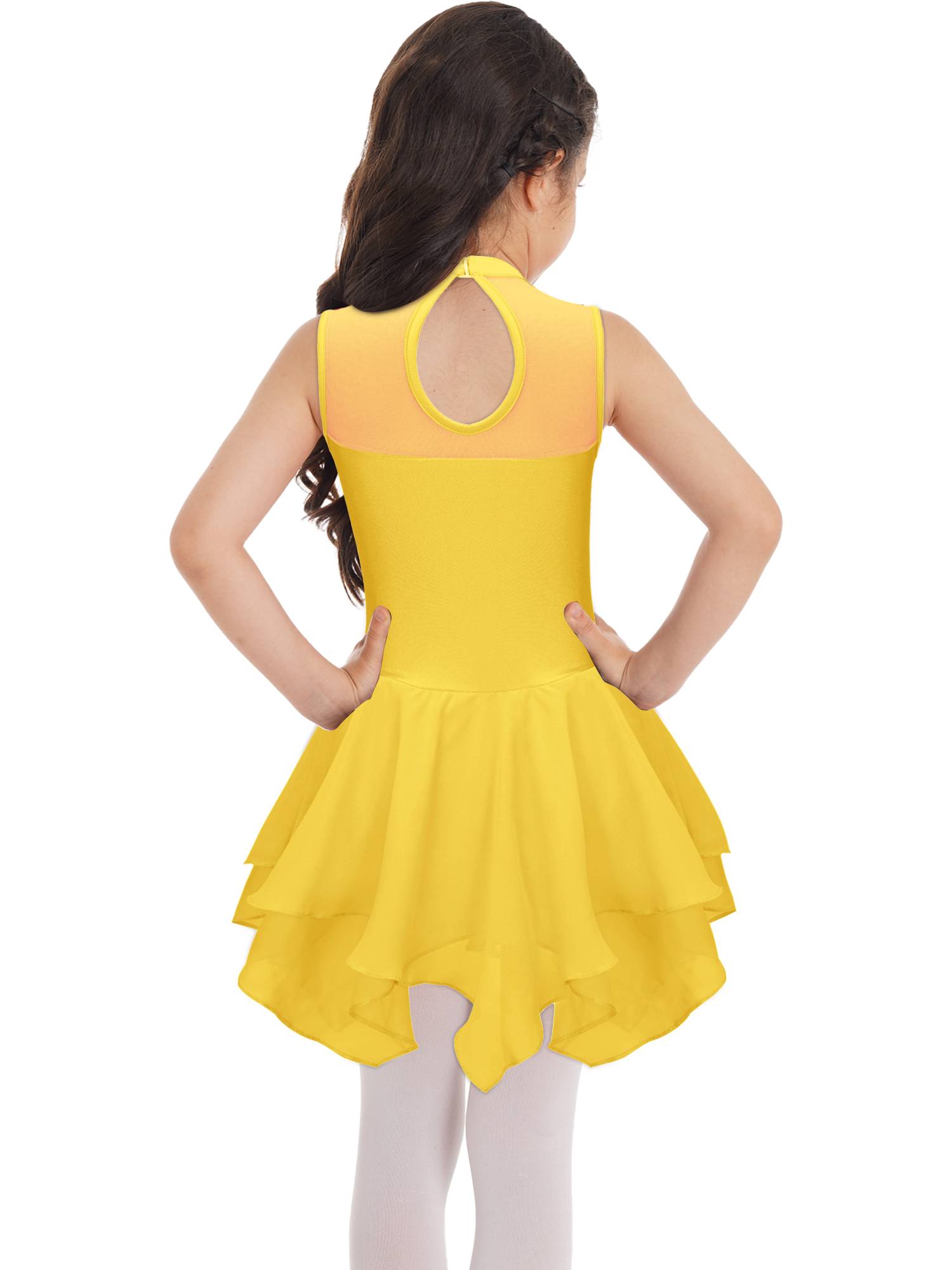 Kids Girls Sleeveless Round Collar Ruffle Skating Dance Dress
