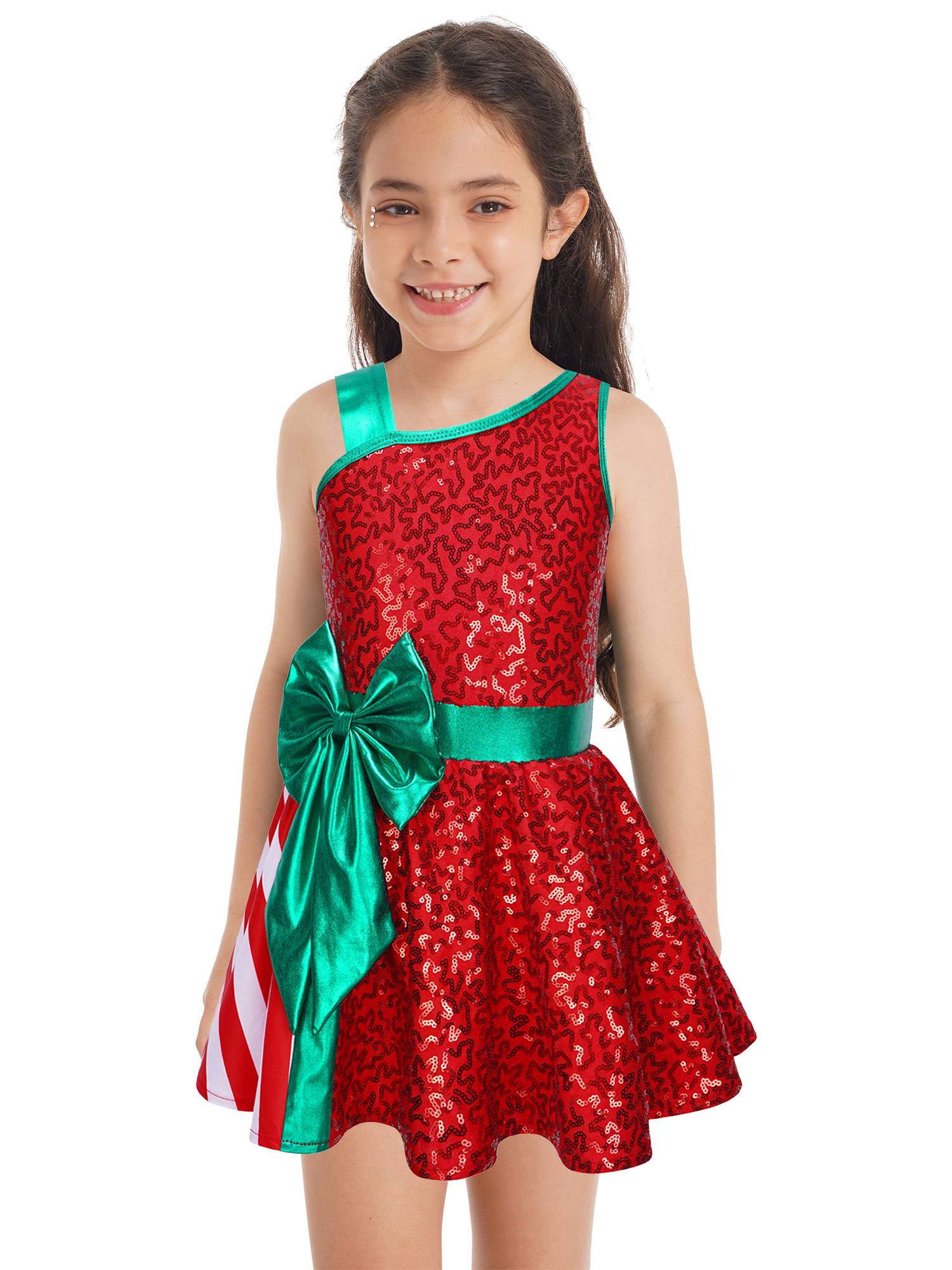 Kids Girls Sequin Christmas Asymmetrical Shoulder Big Bow Stripe Leotard Dress