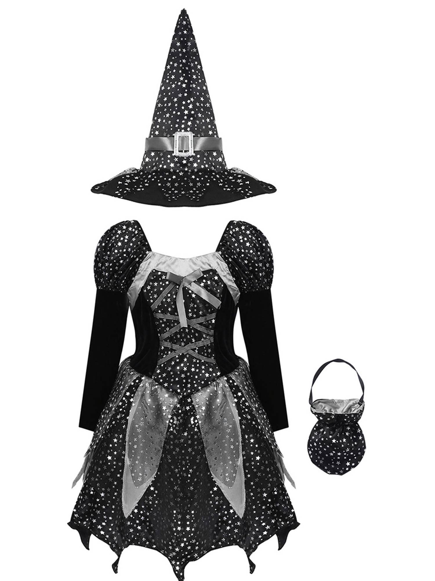 Kids Girls Halloween Witch Shiny Stars Long Sleeve Dress with Hat and Bag