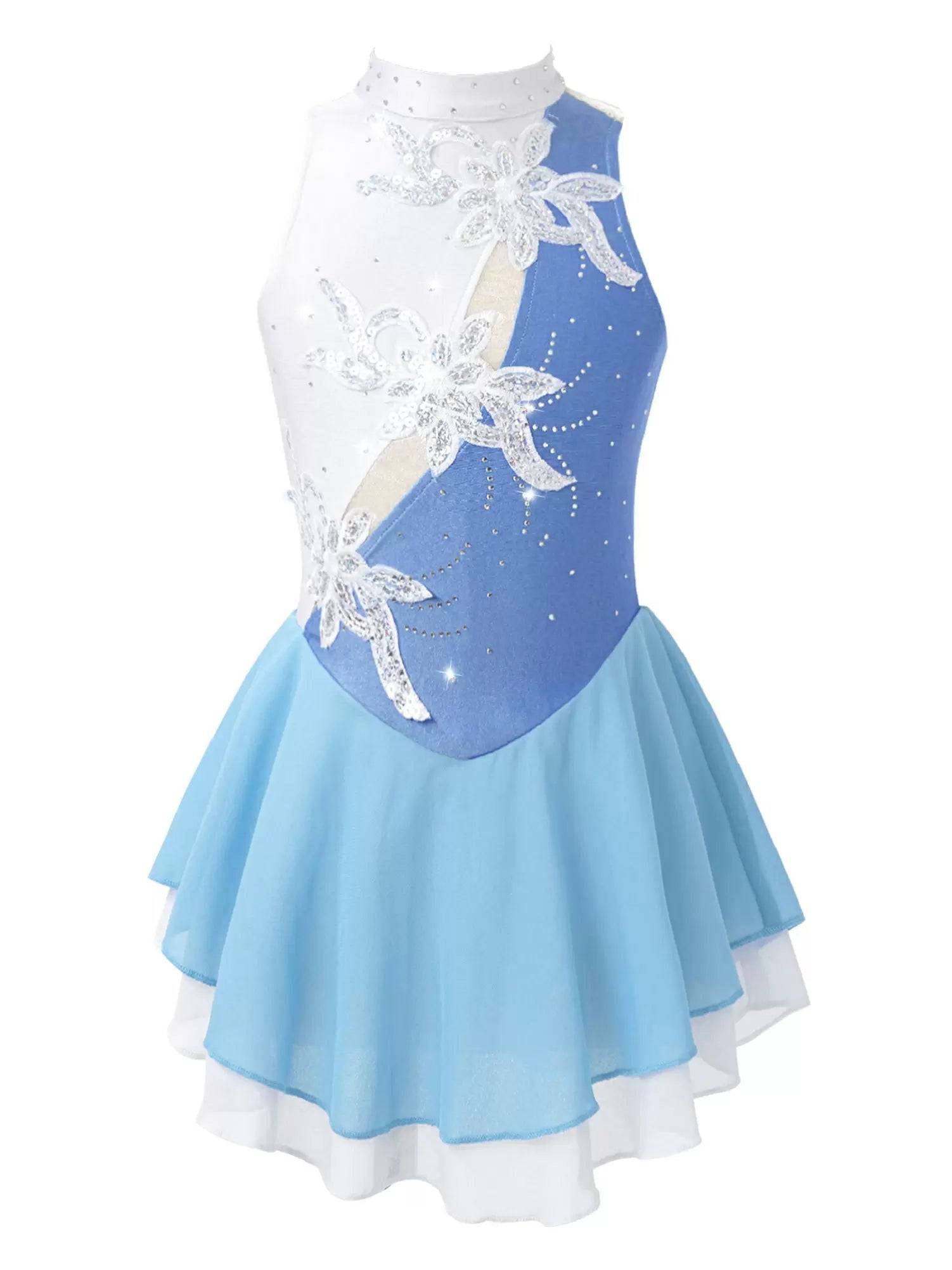 Kids Girls Sleeveless Sequin Floral Ruffle Skating Dance Dress