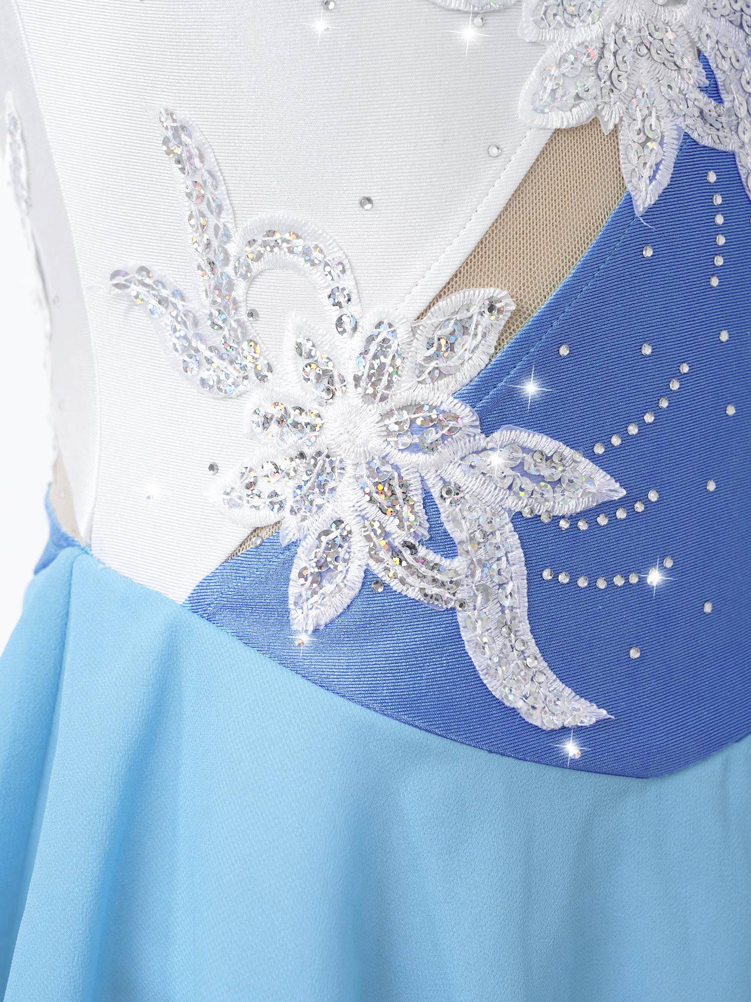 Kids Girls Sleeveless Sequin Floral Ruffle Skating Dance Dress