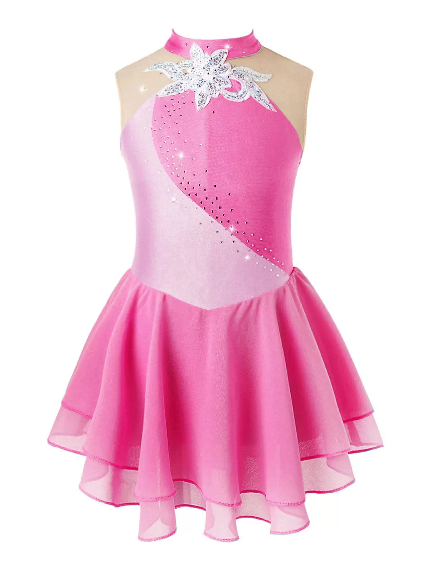 Kids Girls Sleeveless Sequins Floral Decorated Skating Dance Dress