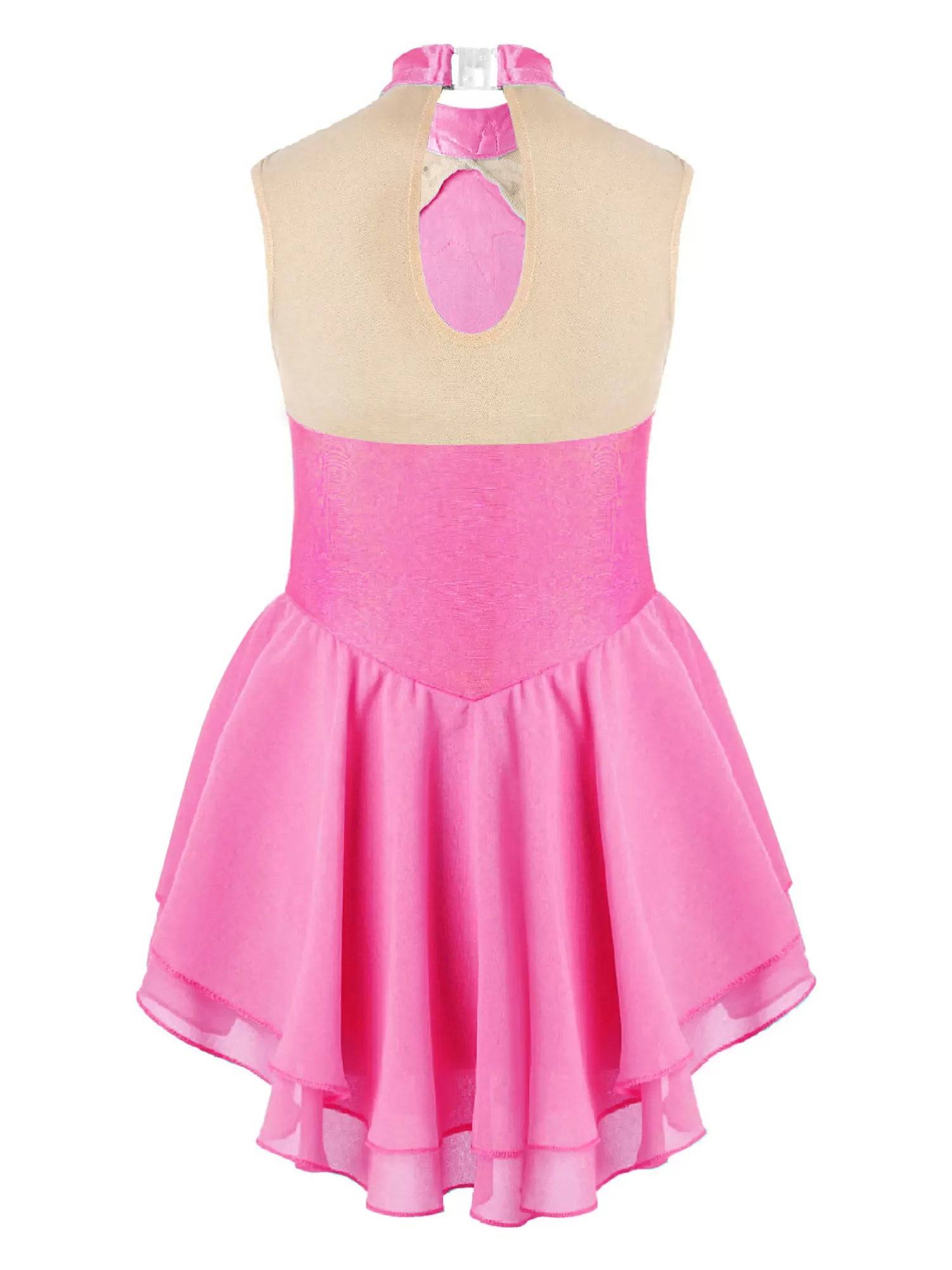 Kids Girls Sleeveless Sequins Floral Decorated Skating Dance Dress