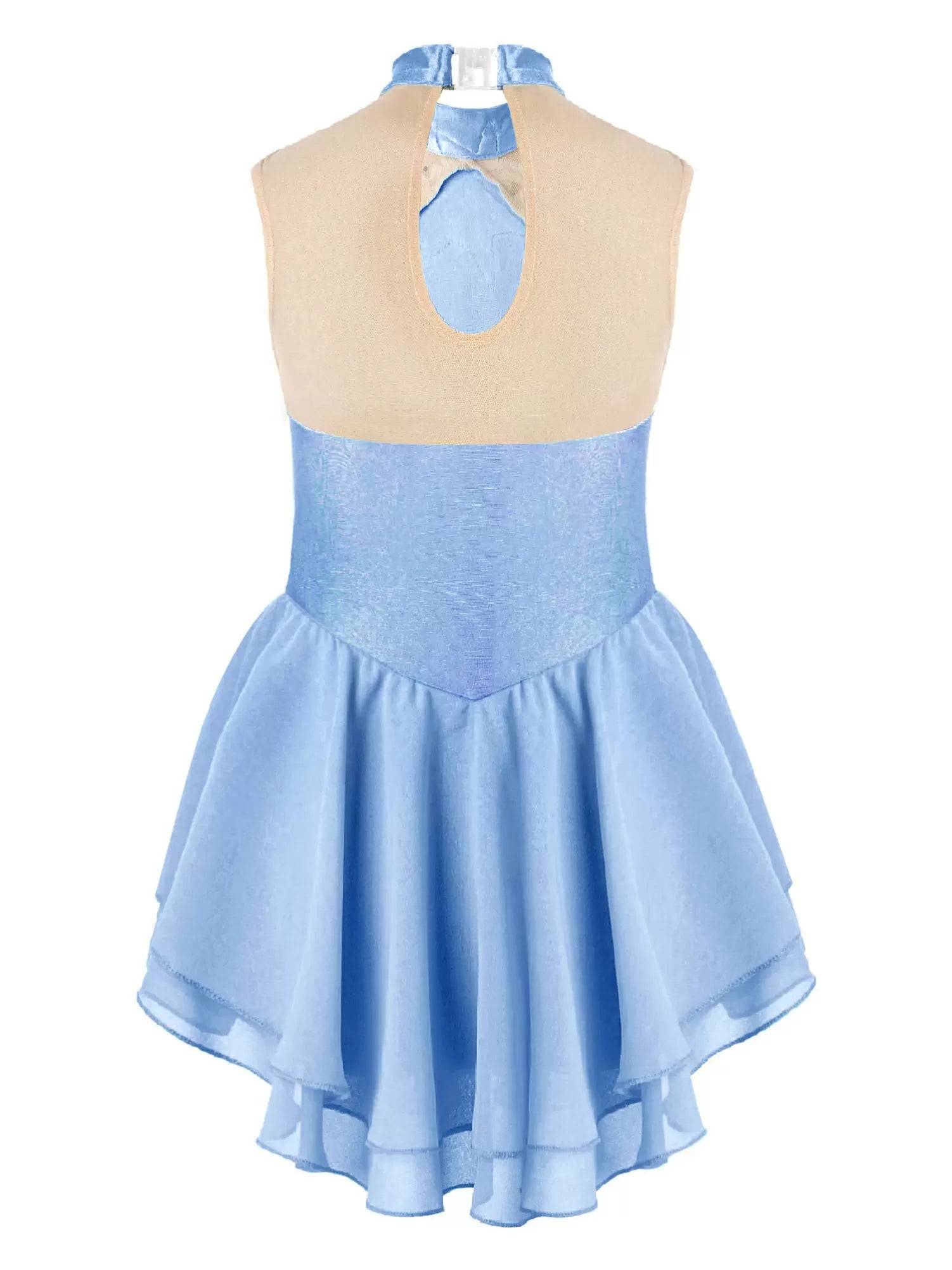 Kids Girls Sleeveless Sequins Floral Decorated Skating Dance Dress