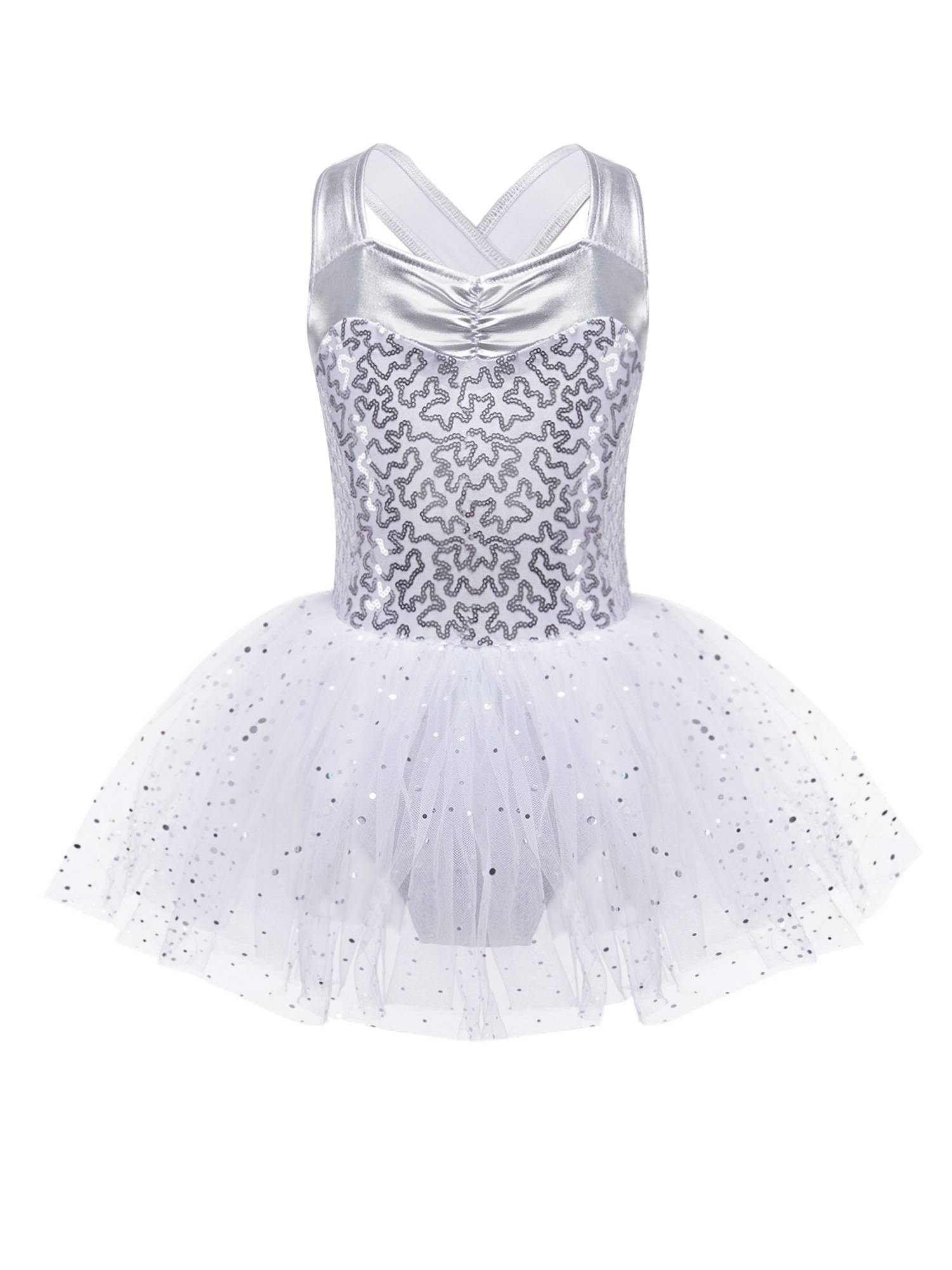 Kids Girls Sleeveless V Neck Sequins Crisscross Ballet Dance Dress
