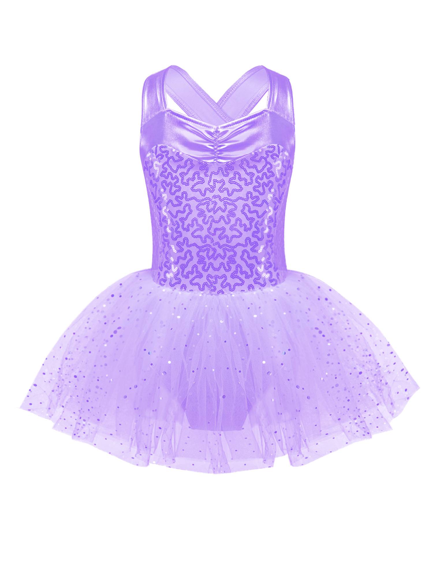 Kids Girls Sleeveless V Neck Sequins Crisscross Ballet Dance Dress