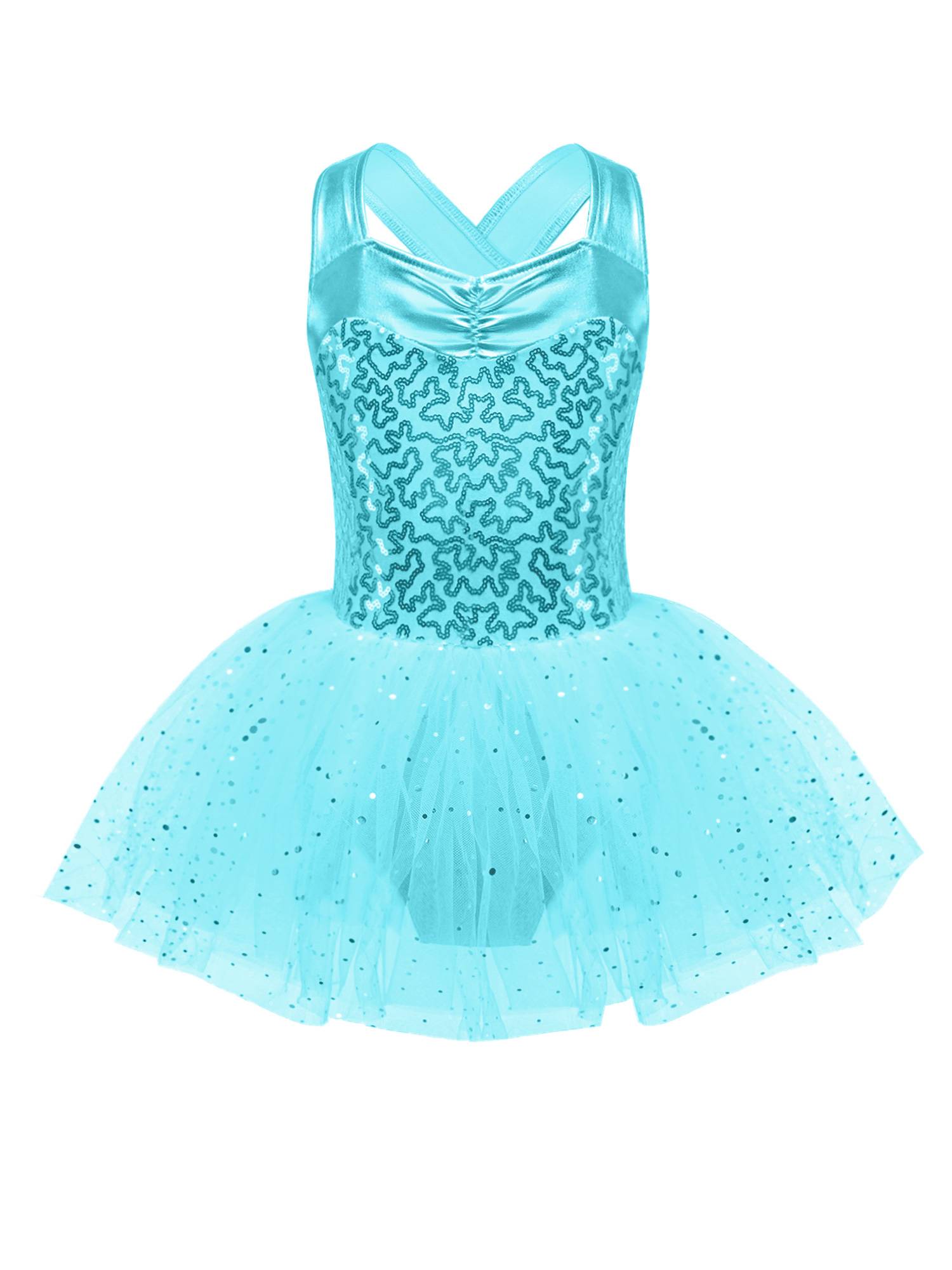 Kids Girls Sleeveless V Neck Sequins Crisscross Ballet Dance Dress