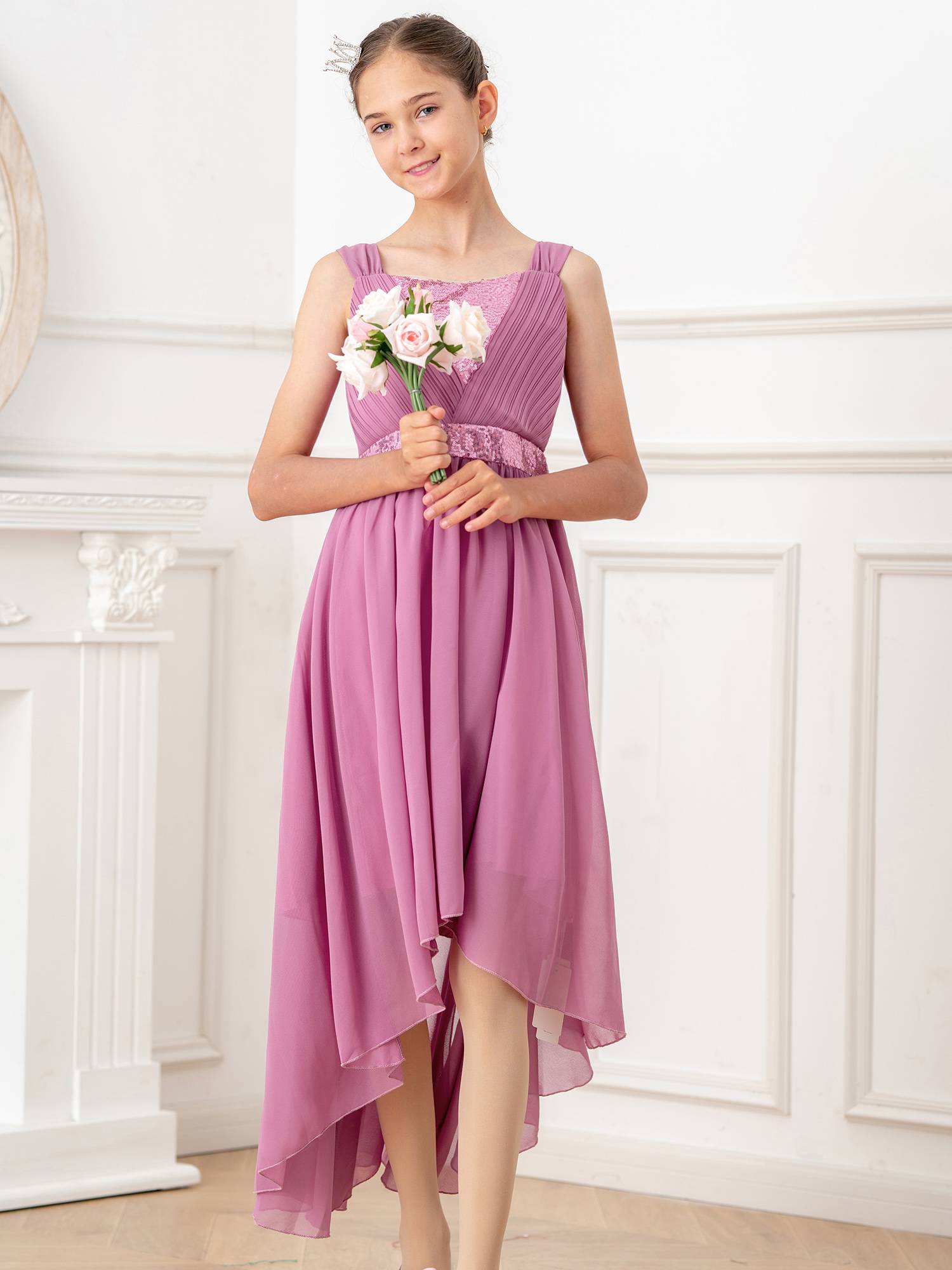 Kids Girls Shiny Sequin Ruched High-Low Party Dress