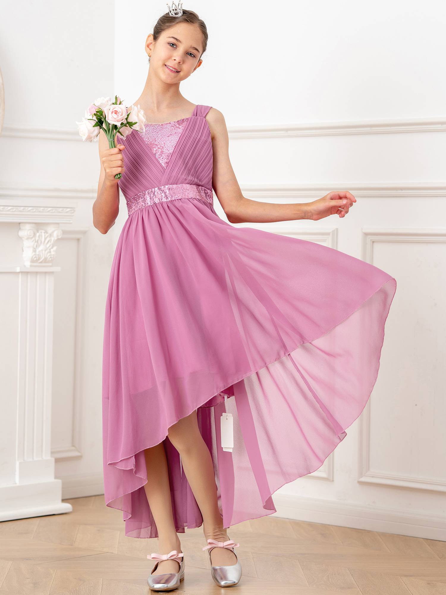 Kids Girls Shiny Sequin Ruched High-Low Party Dress