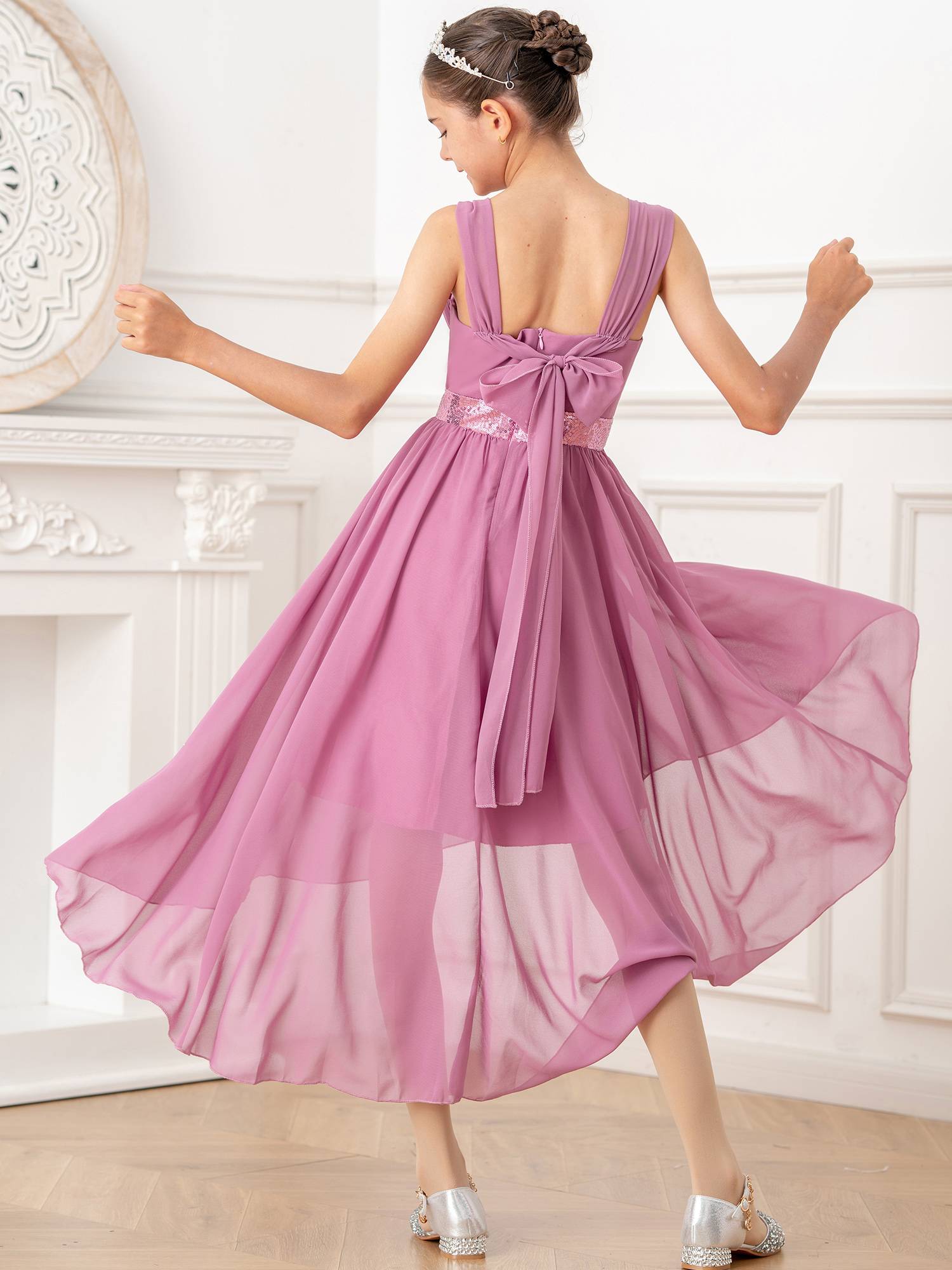 Kids Girls Shiny Sequin Ruched High-Low Party Dress