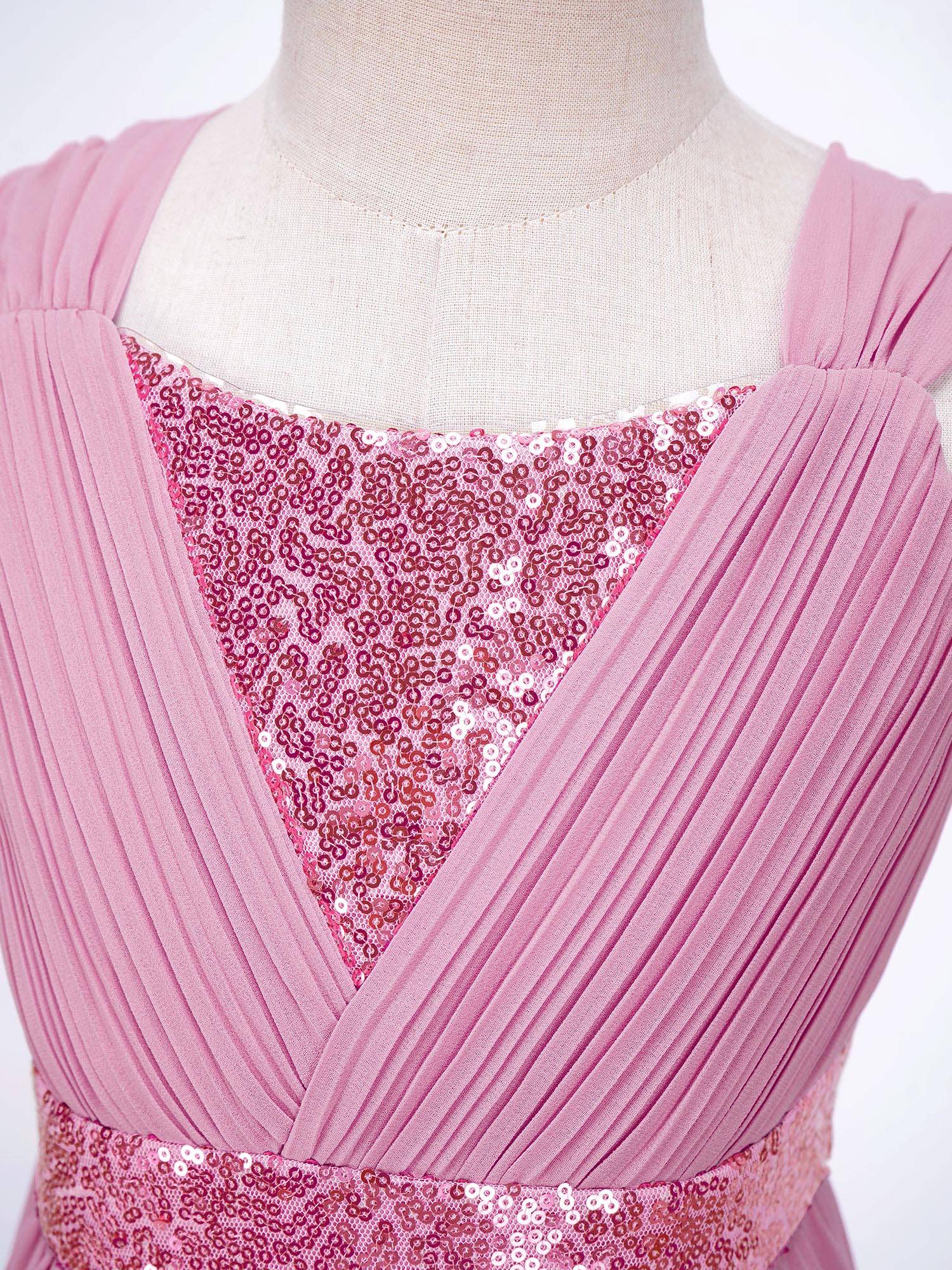 Kids Girls Shiny Sequin Ruched High-Low Party Dress