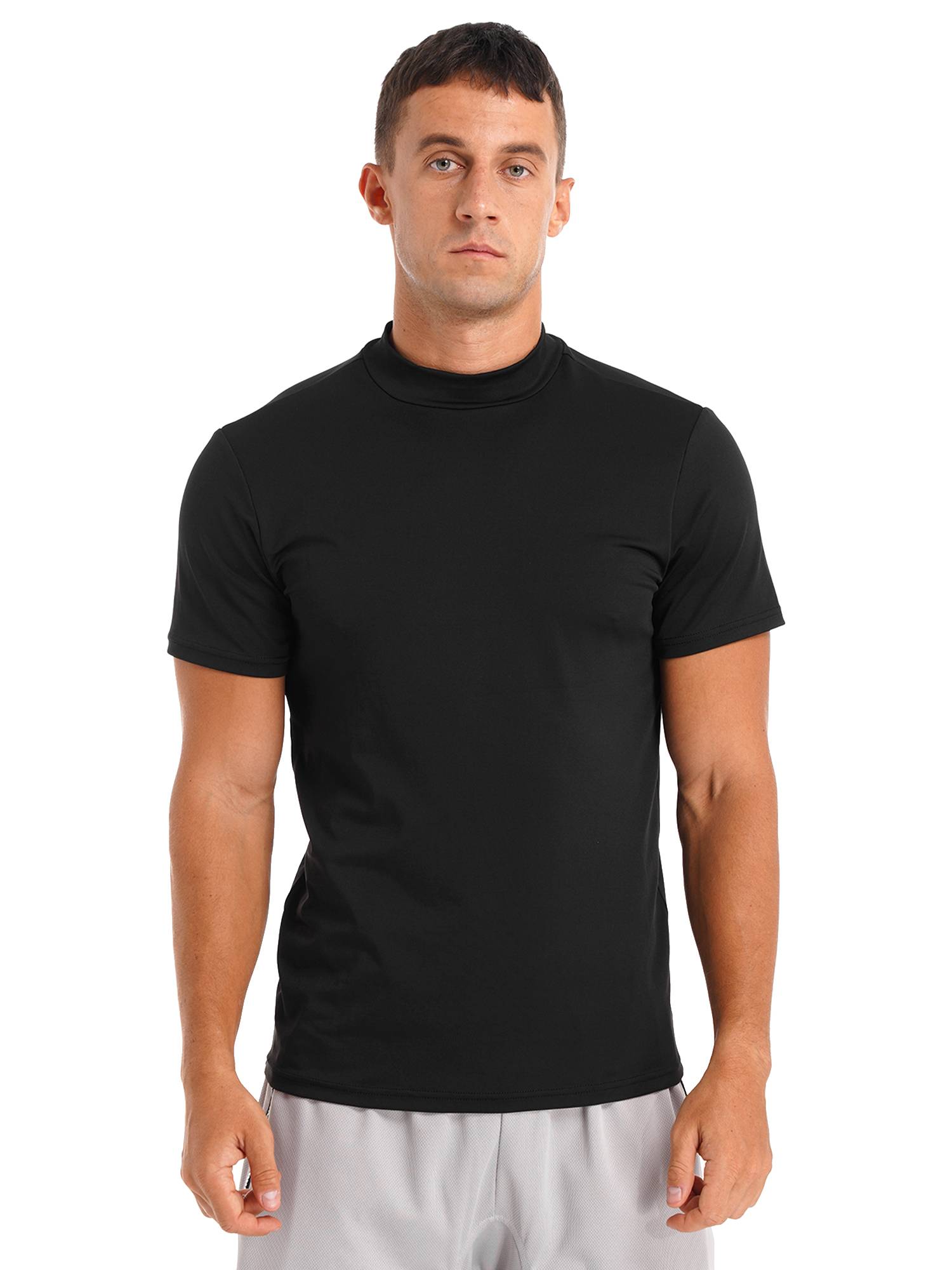 Men Mock Neck Short Sleeve Solid Color Slim Fit T-shirt