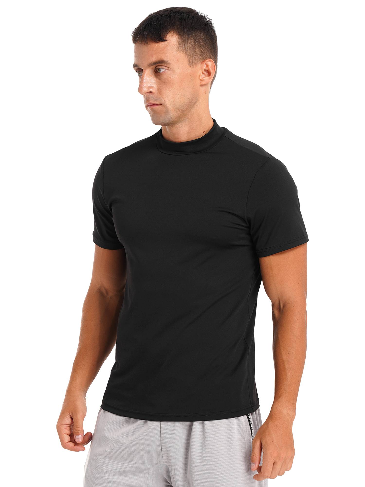Men Mock Neck Short Sleeve Solid Color Slim Fit T-shirt