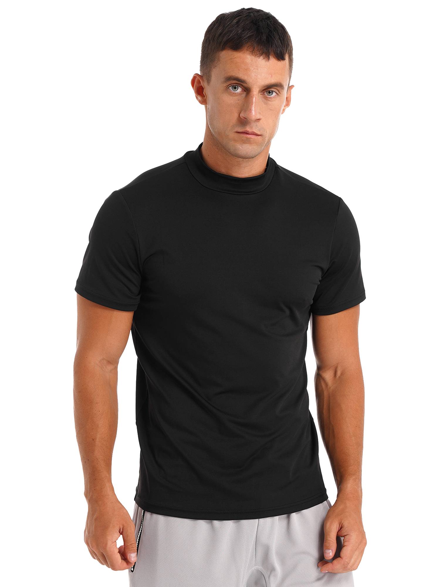 Men Mock Neck Short Sleeve Solid Color Slim Fit T-shirt