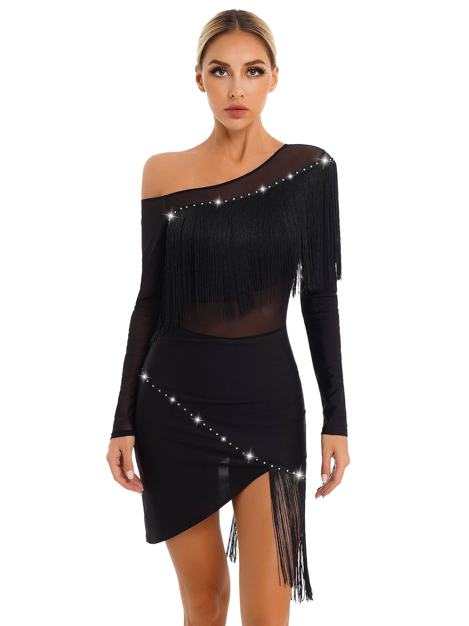 Women Long Sleeve Tassel Samba Latin Dance Dress