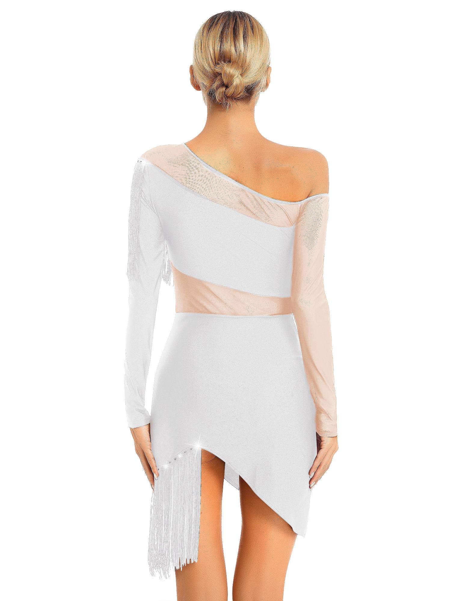 Women Long Sleeve Tassel Samba Latin Dance Dress