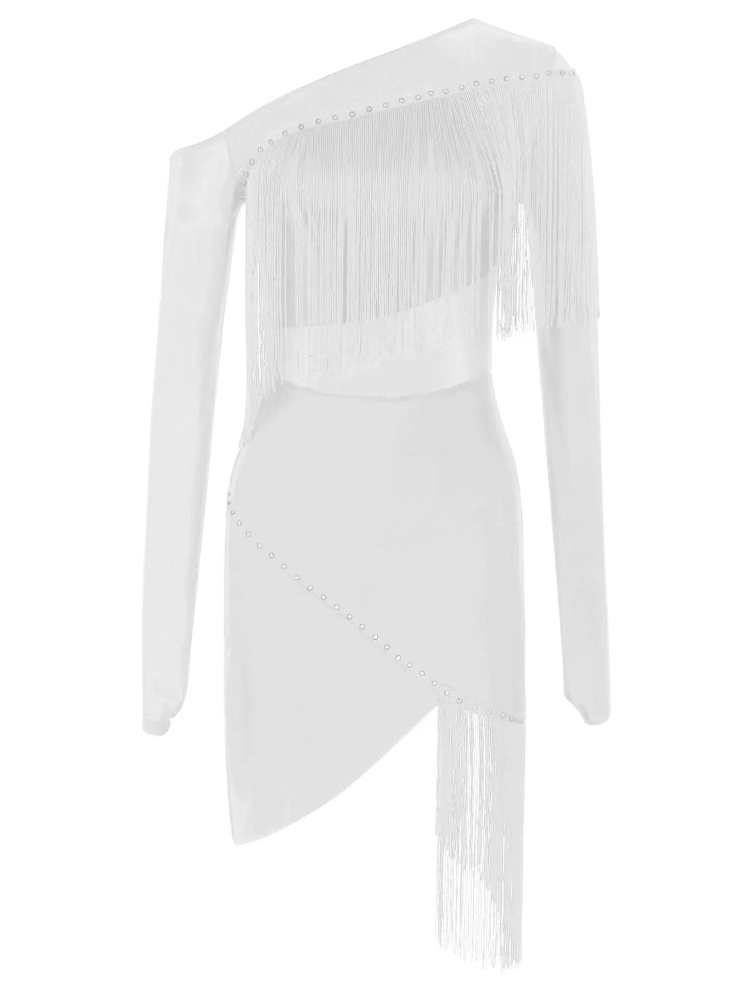 Women Long Sleeve Tassel Samba Latin Dance Dress