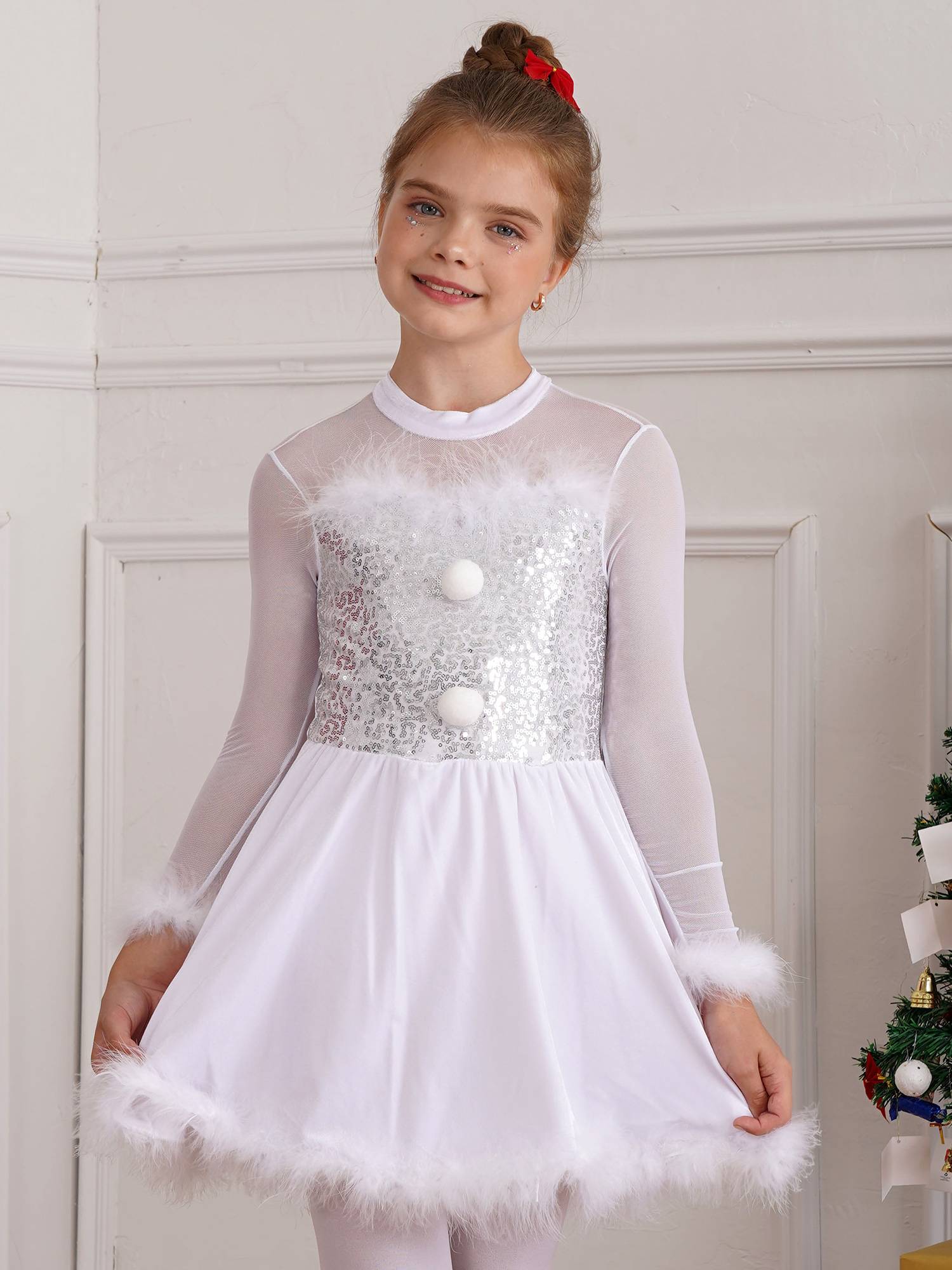 Kids Girls Christmas Sequin Long Sleeve Velvet Dance Leotard Dress