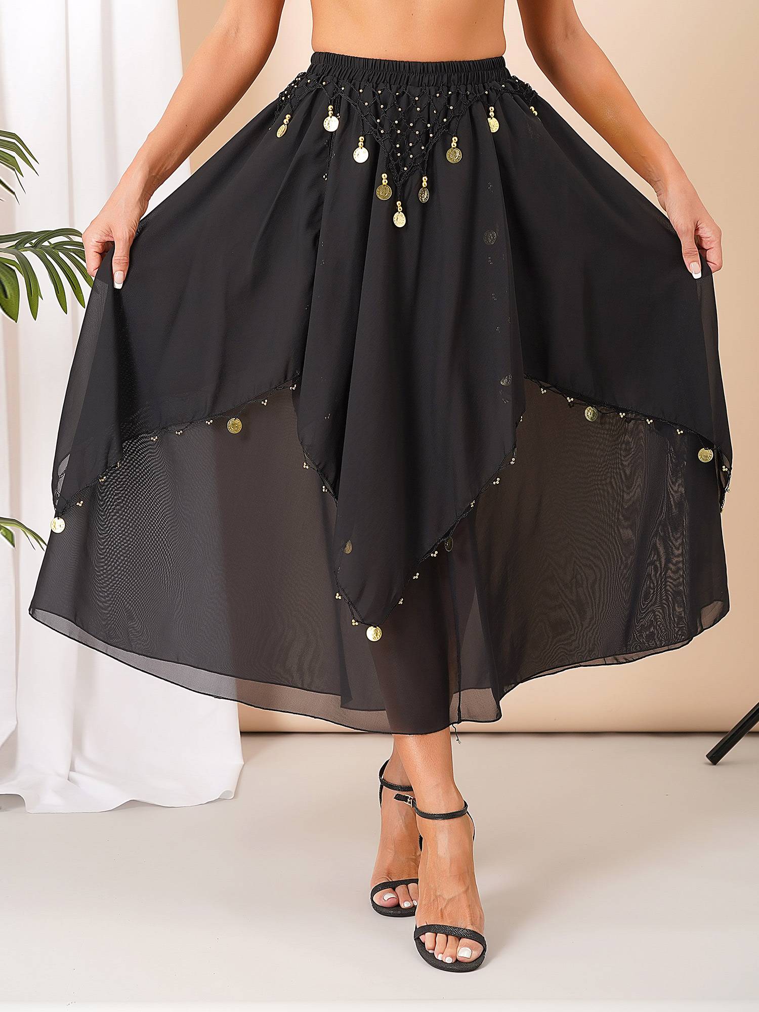 Women Sequin Beaded Chiffon Belly Dance Skirts