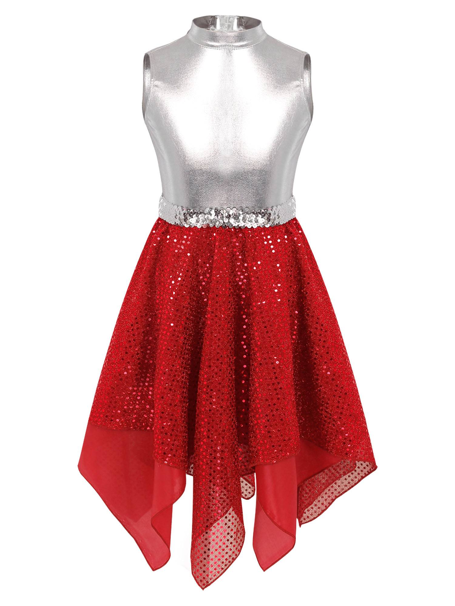 Kids Girls Sleeveless Metallic Sequins Asymmetrical Lyrical Dance Dress