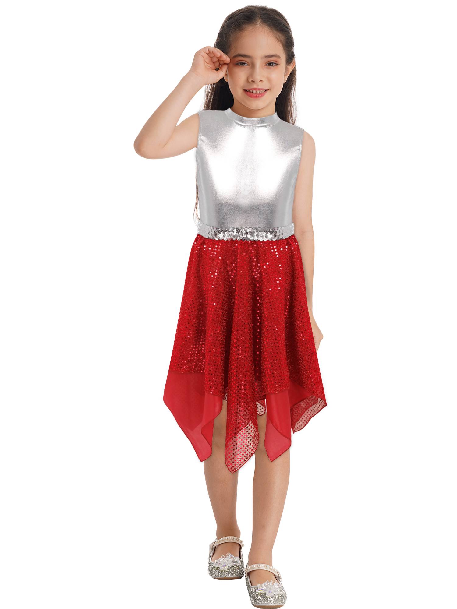 Kids Girls Sleeveless Metallic Sequins Asymmetrical Lyrical Dance Dress