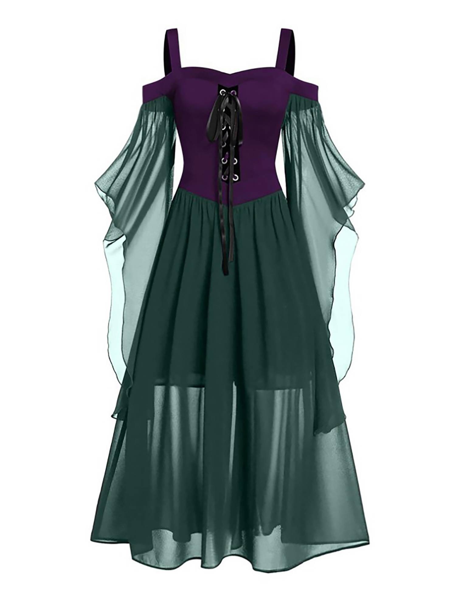 Women Halloween Medieval Flared Sleeve Cold Shoulder Gothic Lace-up Dress