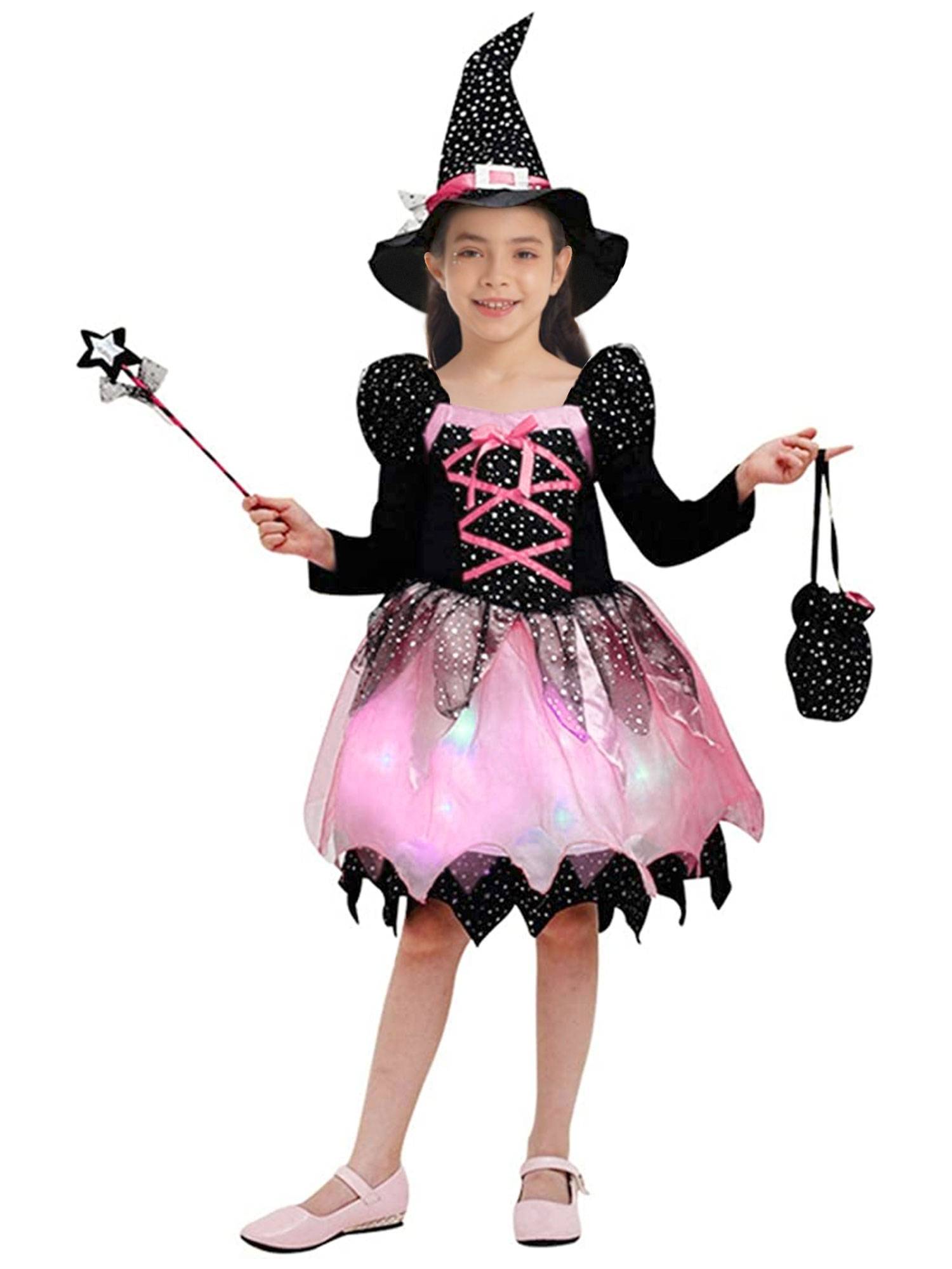 Kids Girls Halloween Long Sleeve Stars Dress with Hat Bag Witch Costume