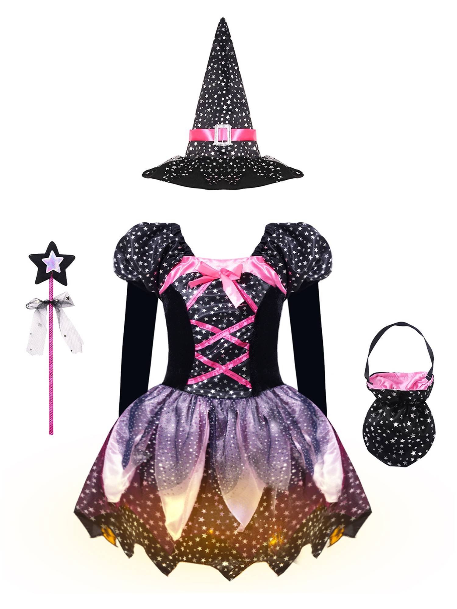 Kids Girls Halloween Long Sleeve Stars Dress with Hat Bag Witch Costume