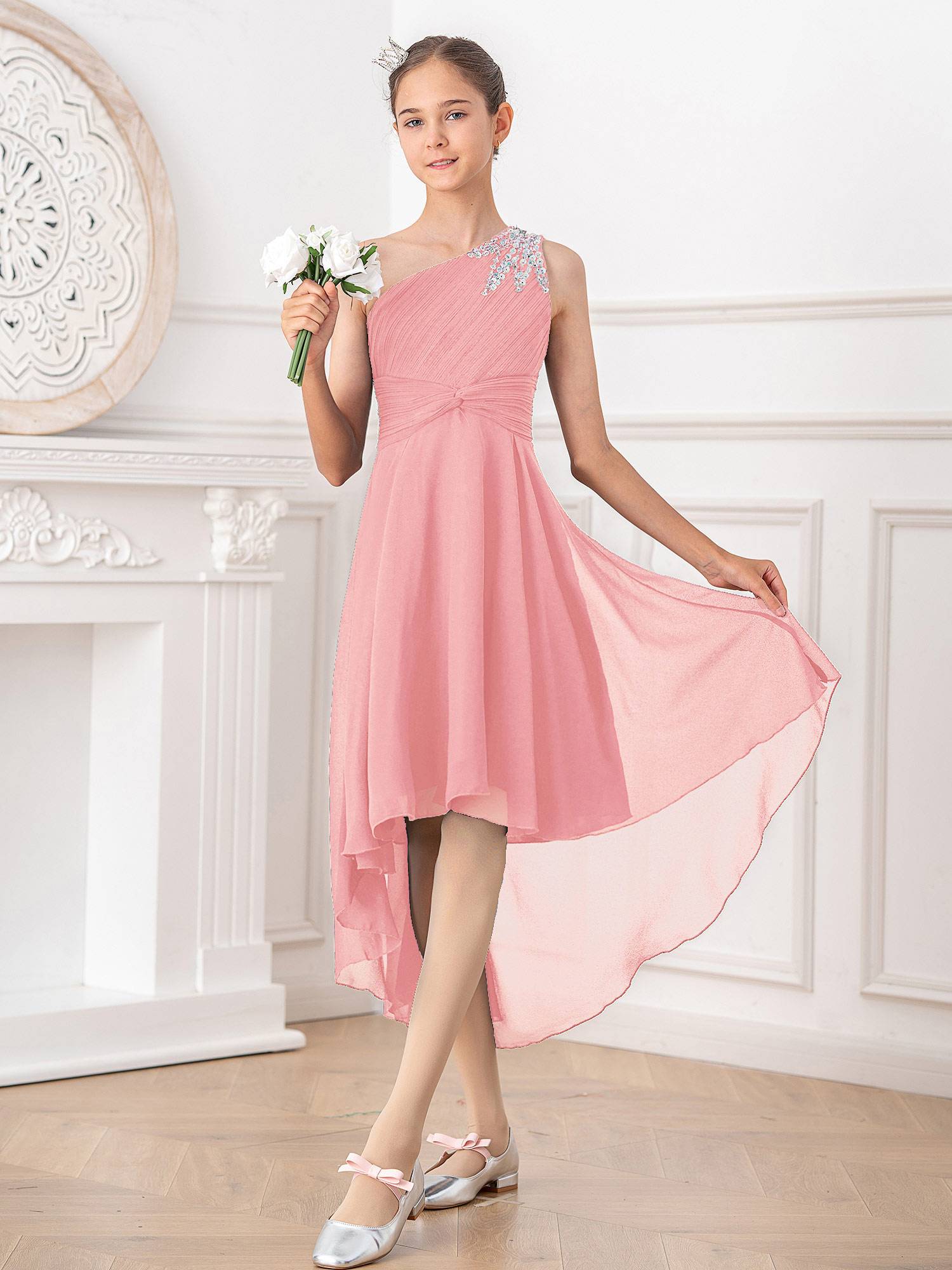 Kids Girls Sequin One Shoulder High-Low Dress