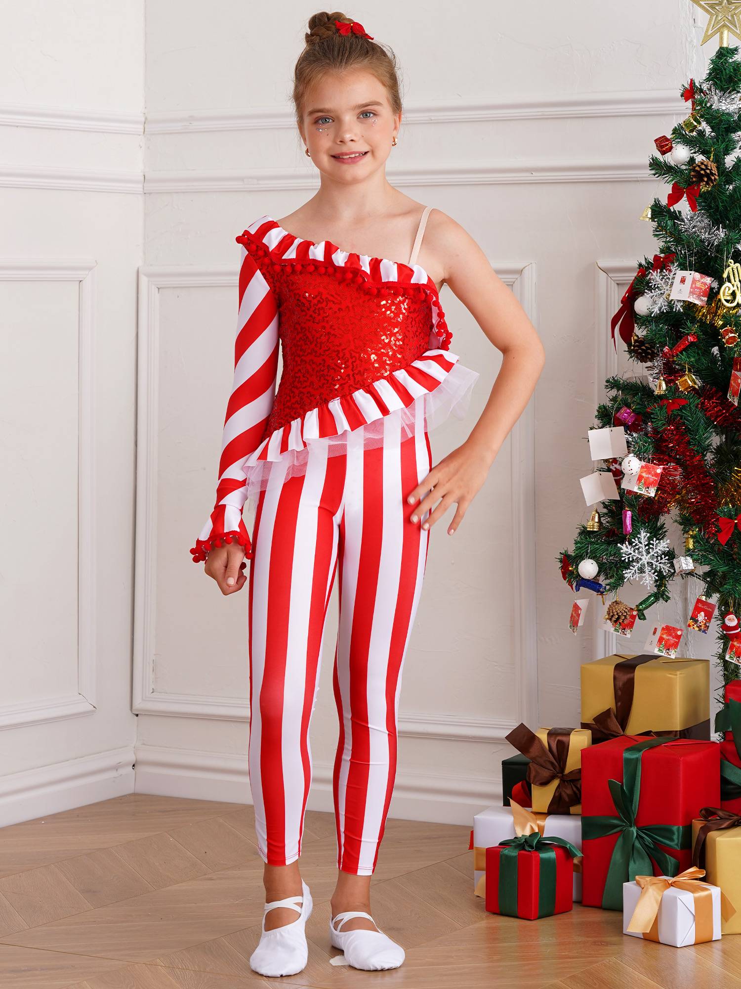 Kids Girls Pom Pom Trim One Shoulder Long Sleeve Sequin Christmas Jumpsuit