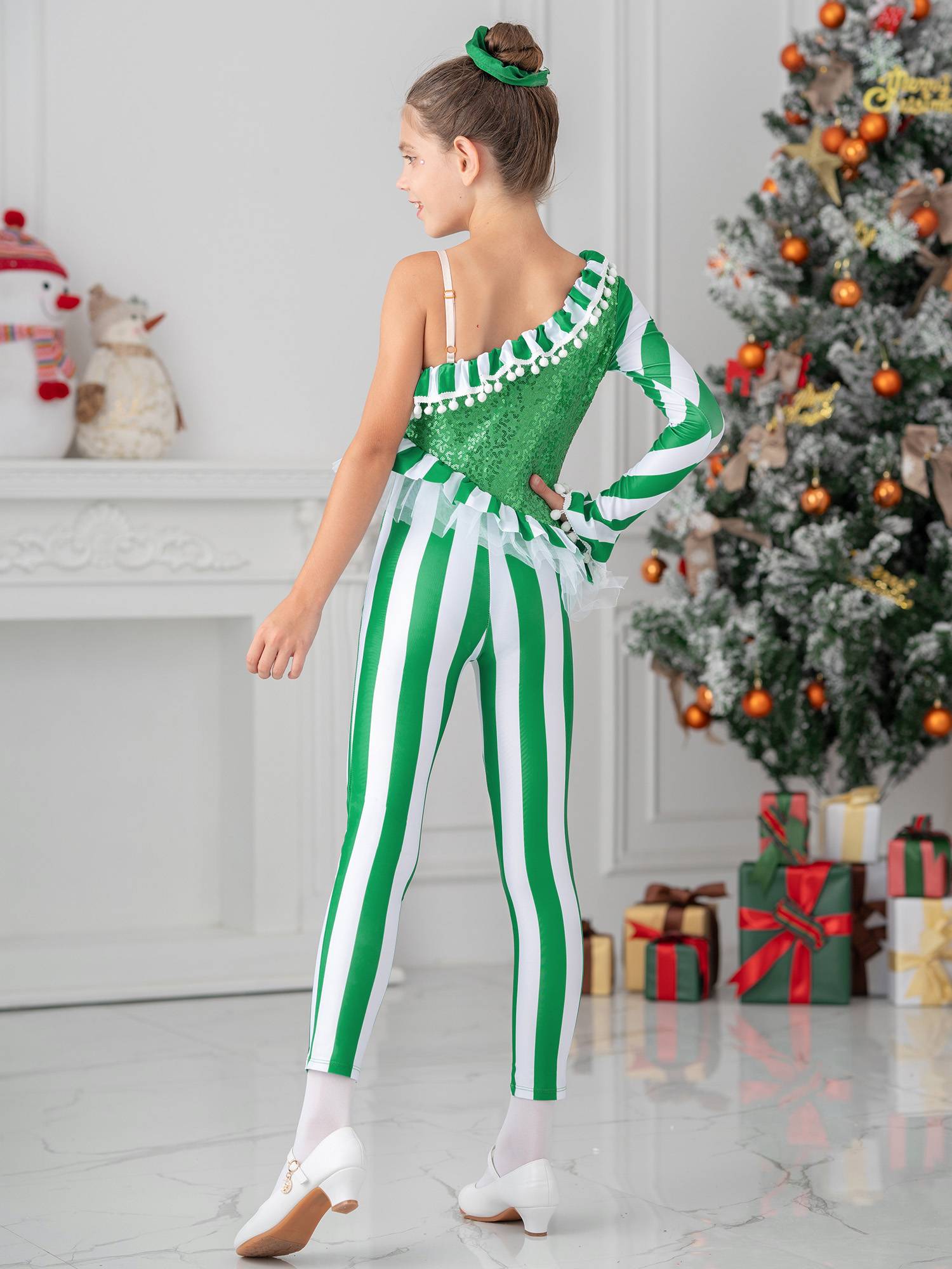 Kids Girls Pom Pom Trim One Shoulder Long Sleeve Sequin Christmas Jumpsuit