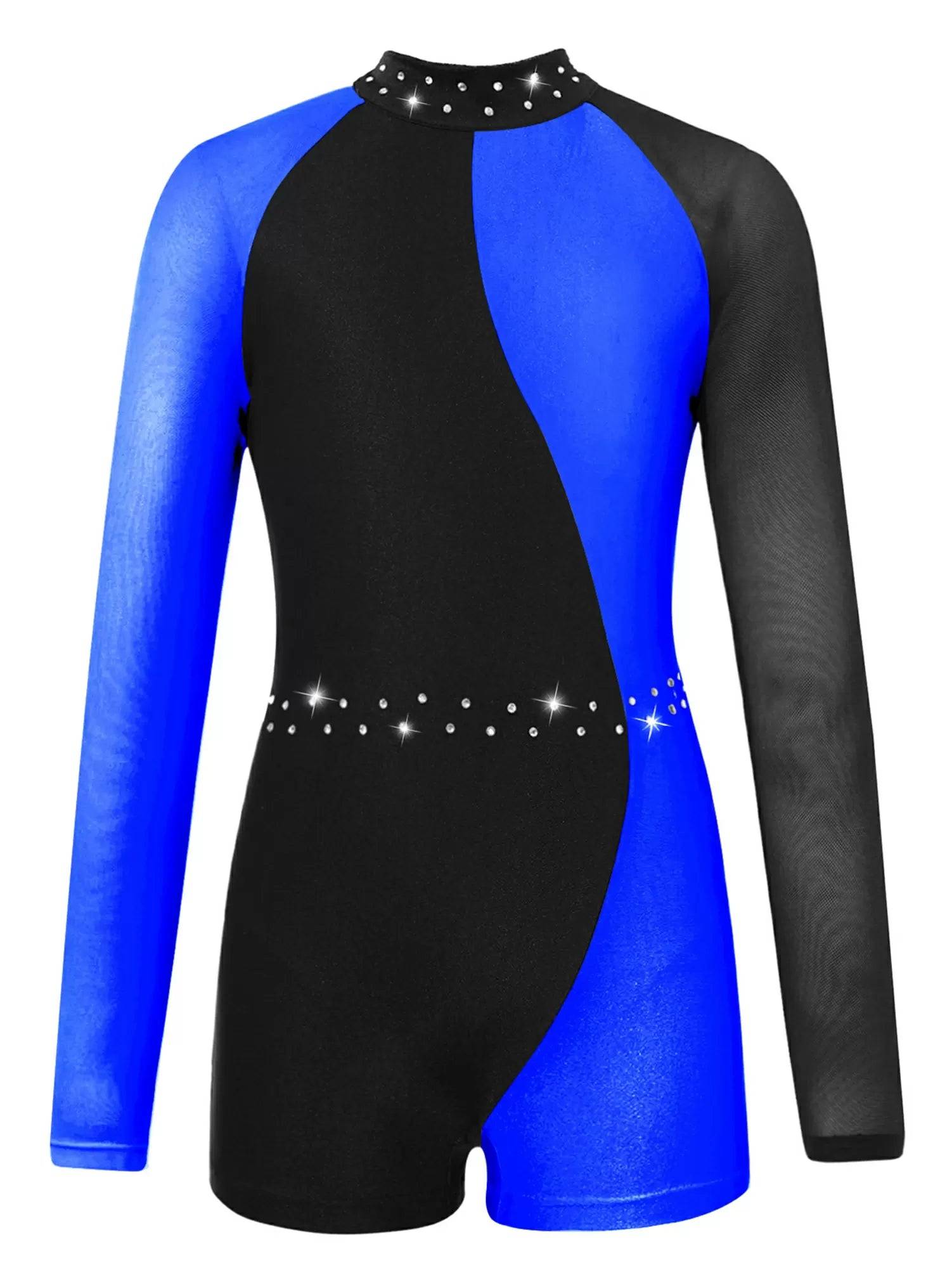 Kids Girls Long Sleeve Colorblock Gymnastics Leotard Dance Jumpsuit