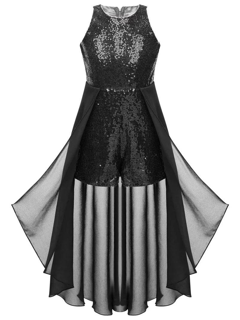 Kids Girls Sleeveless Sparkly Sequin Jumpsuit Dress