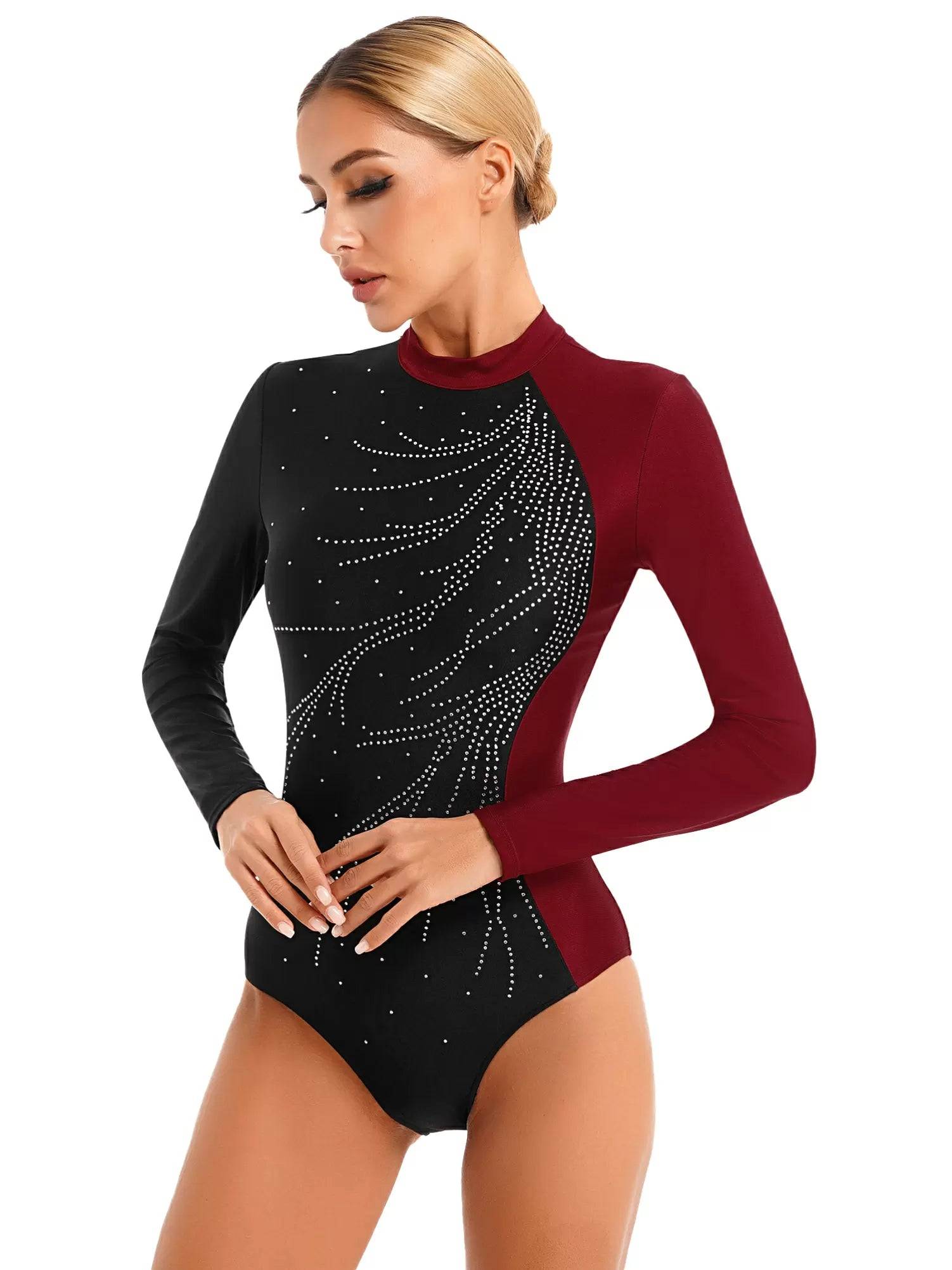Women Long Sleeve Glitter Rhinestone Gymnastics Leotard