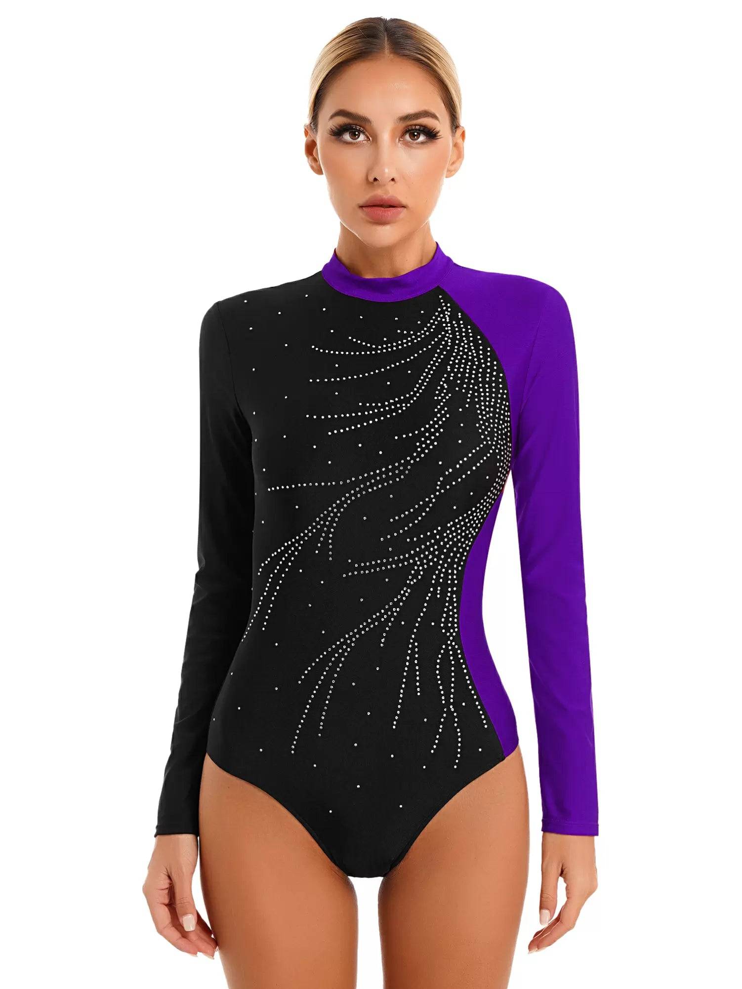 Women Long Sleeve Glitter Rhinestone Gymnastics Leotard