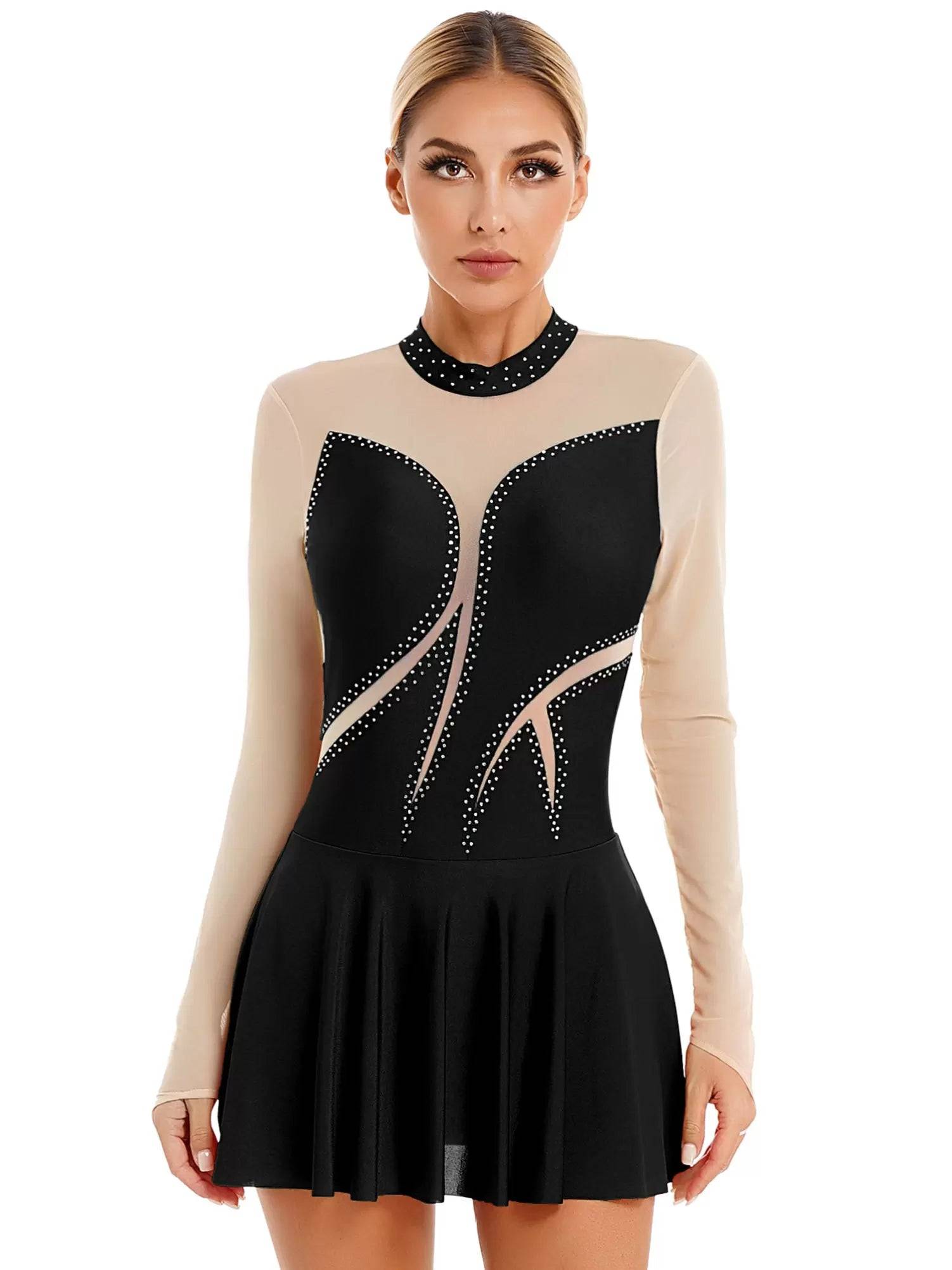 Women Glitter Rhinestone Long Sleeve Figure Skating Dress